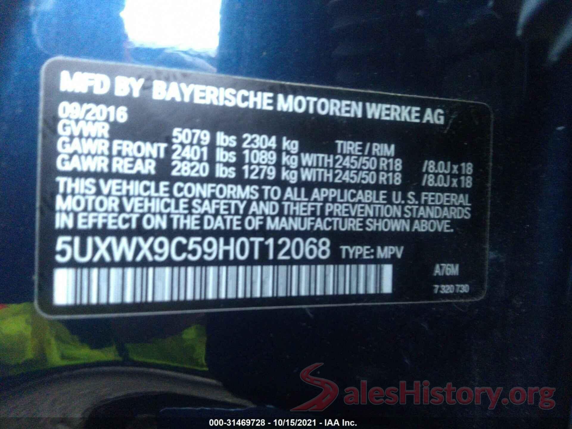 5UXWX9C59H0T12068 2017 BMW X3