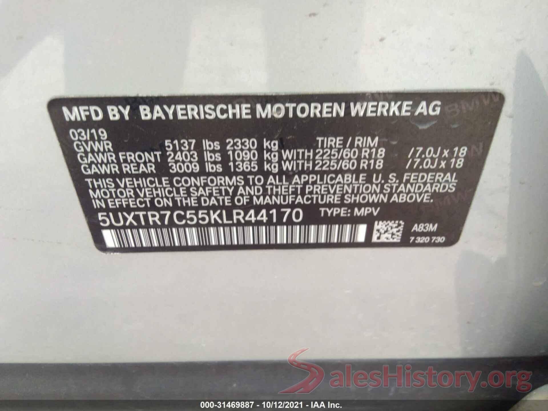 5UXTR7C55KLR44170 2019 BMW X3