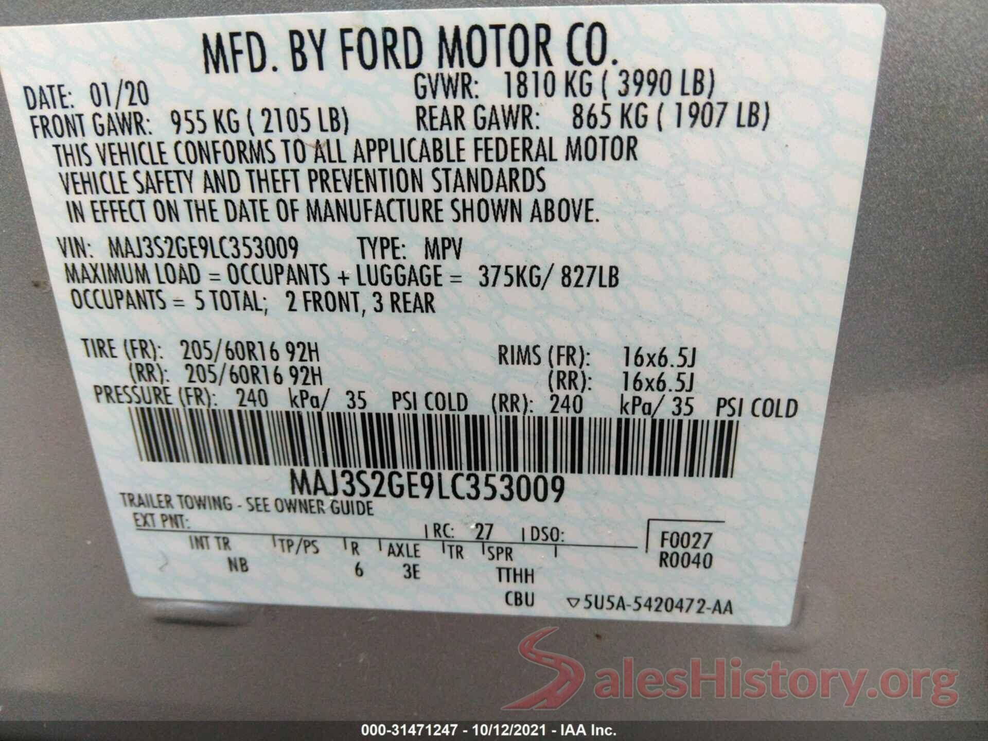 MAJ3S2GE9LC353009 2020 FORD ECOSPORT