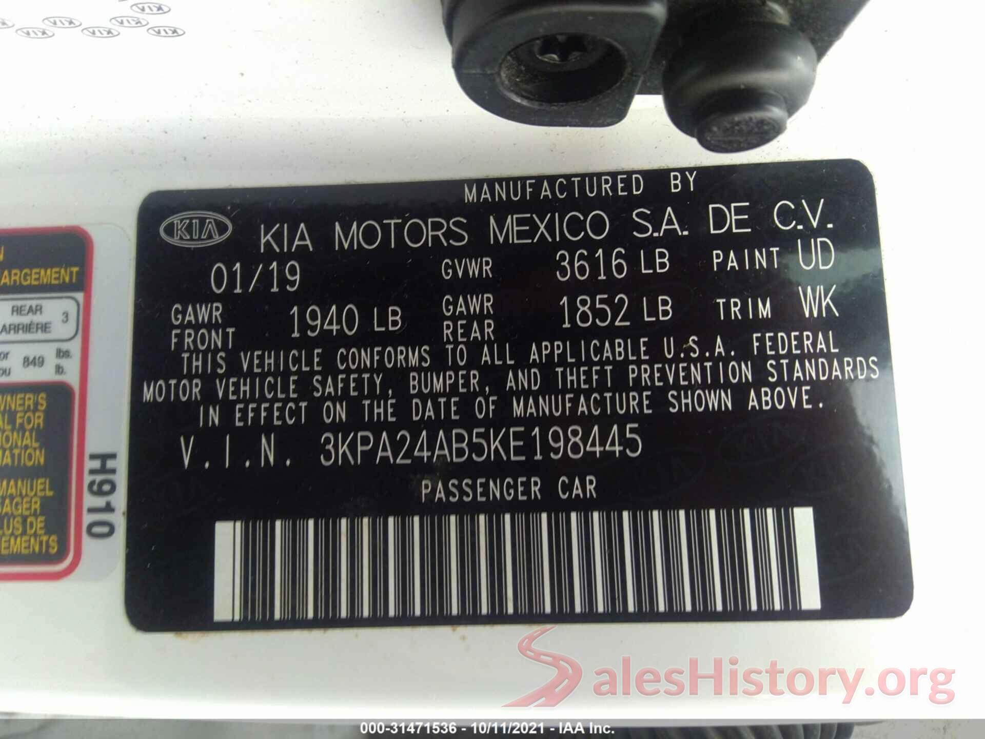 3KPA24AB5KE198445 2019 KIA RIO