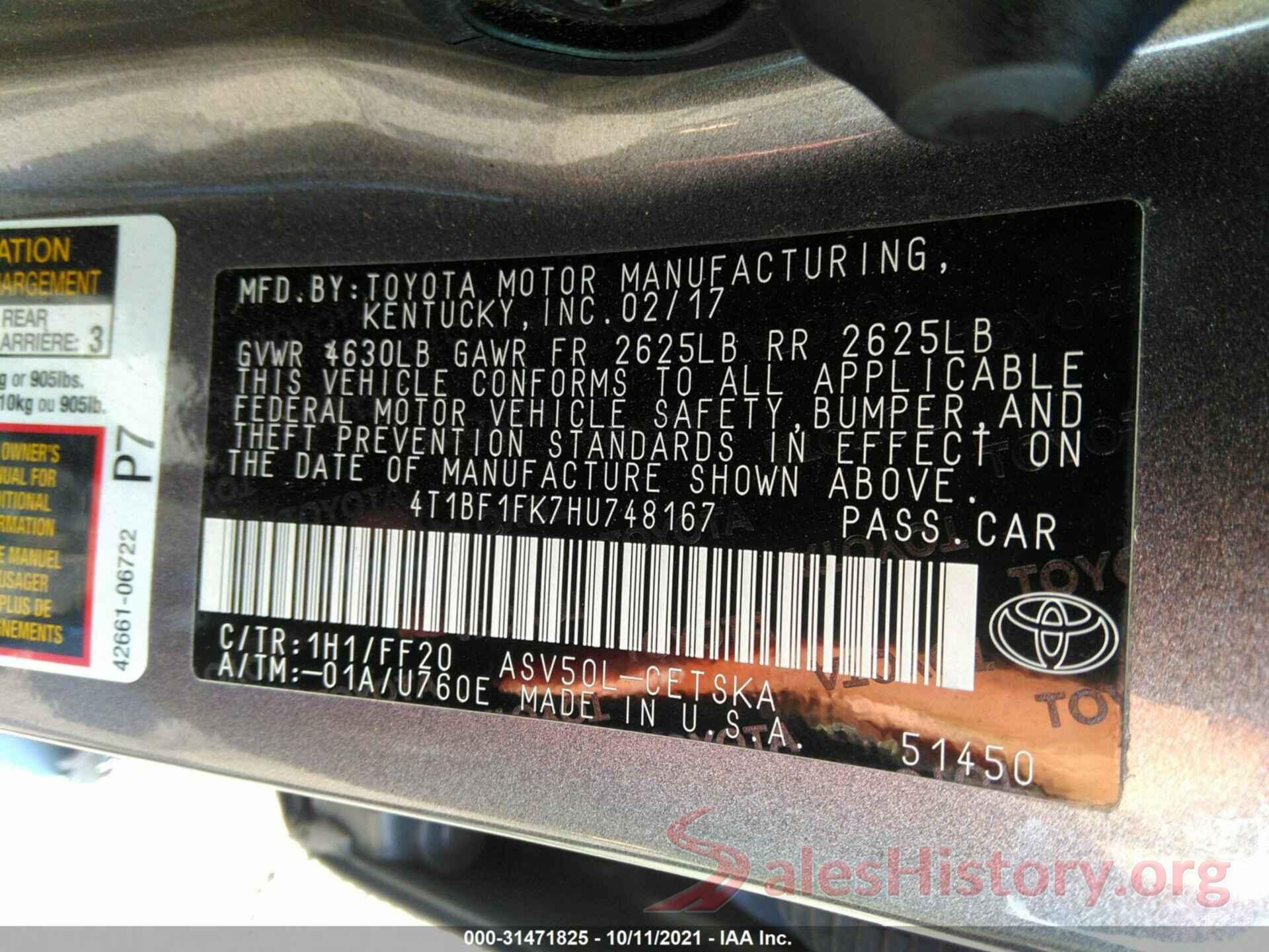 4T1BF1FK7HU748167 2017 TOYOTA CAMRY