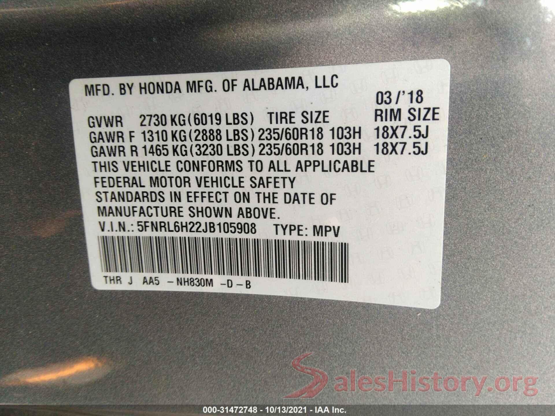 5FNRL6H22JB105908 2018 HONDA ODYSSEY