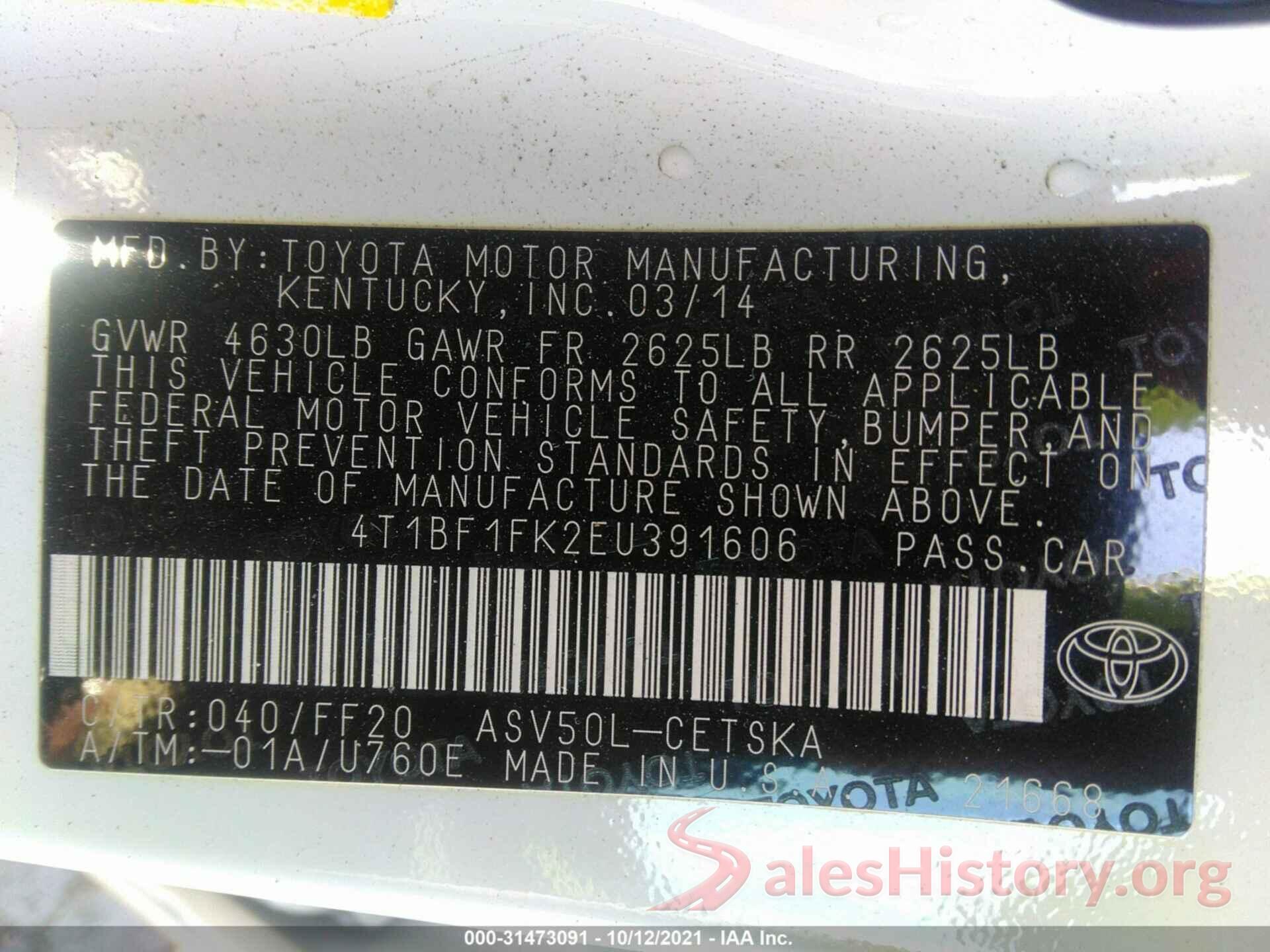 4T1BF1FK2EU391606 2014 TOYOTA CAMRY