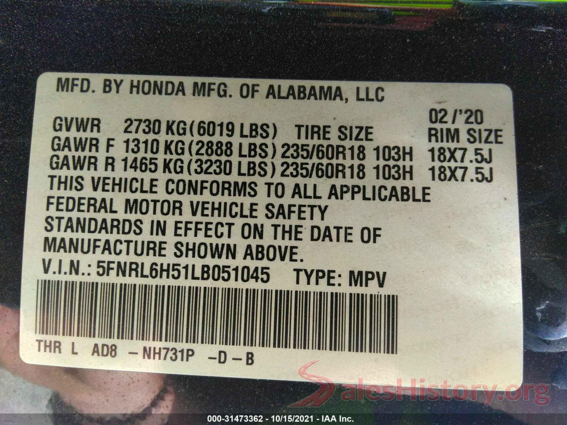 5FNRL6H51LB051045 2020 HONDA ODYSSEY