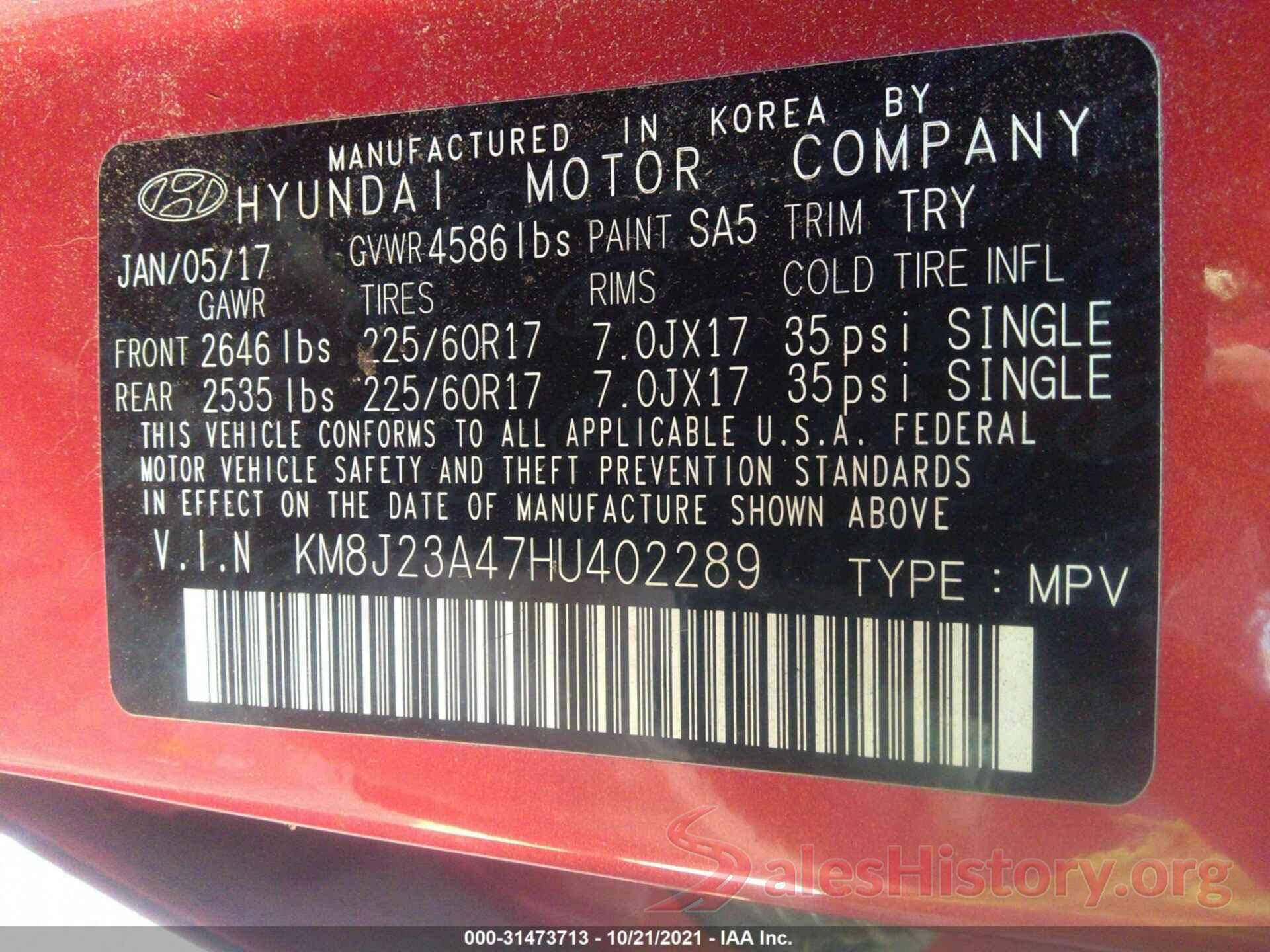 KM8J23A47HU402289 2017 HYUNDAI TUCSON