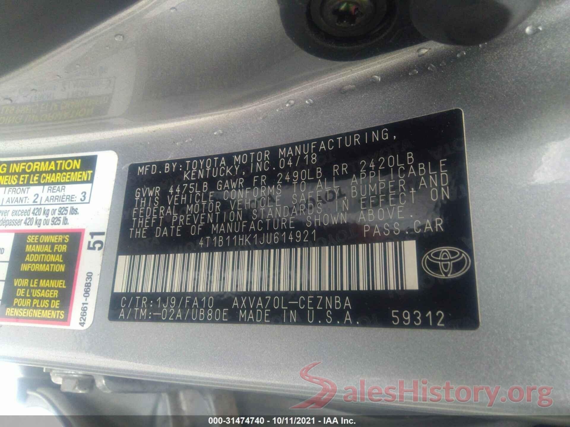 4T1B11HK1JU614921 2018 TOYOTA CAMRY