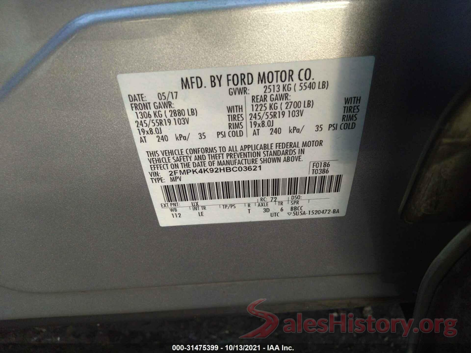 2FMPK4K92HBC03621 2017 FORD EDGE