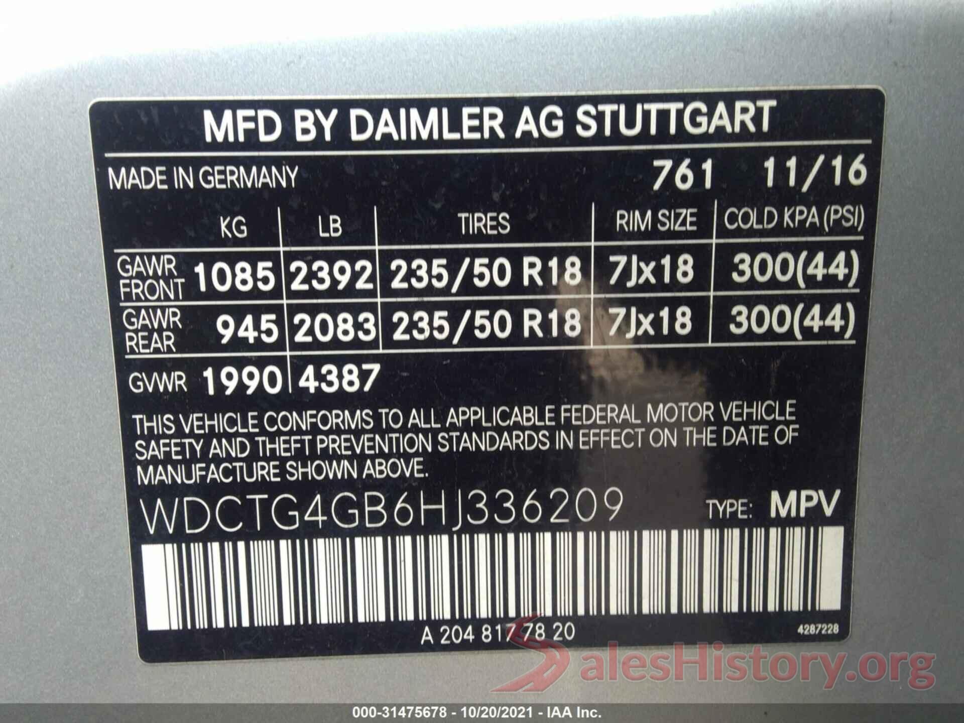 WDCTG4GB6HJ336209 2017 MERCEDES-BENZ GLA