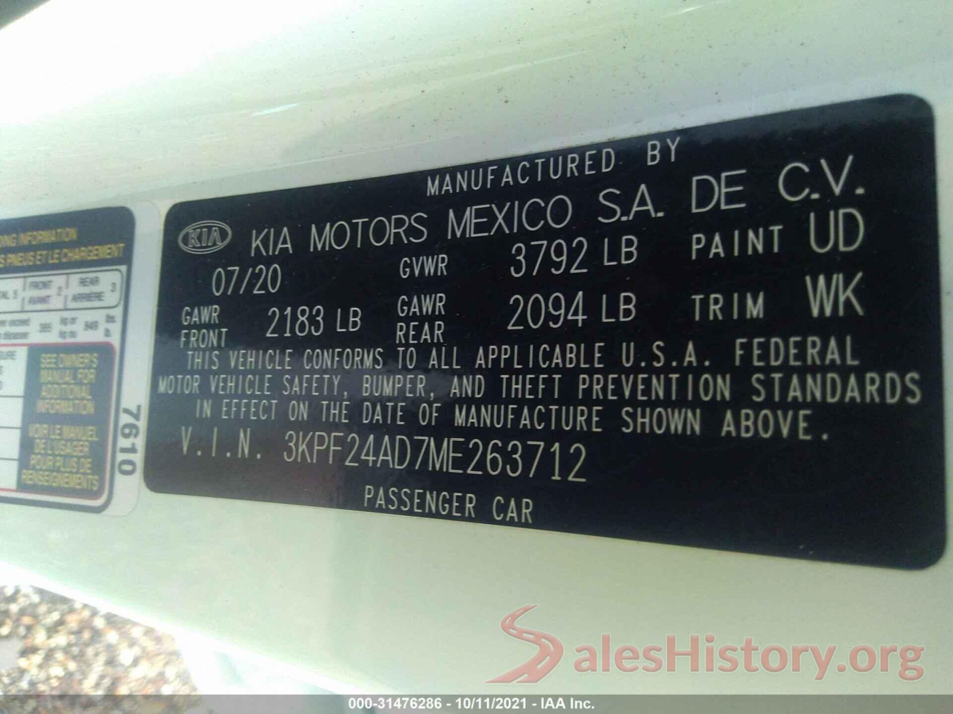 3KPF24AD7ME263712 2021 KIA FORTE