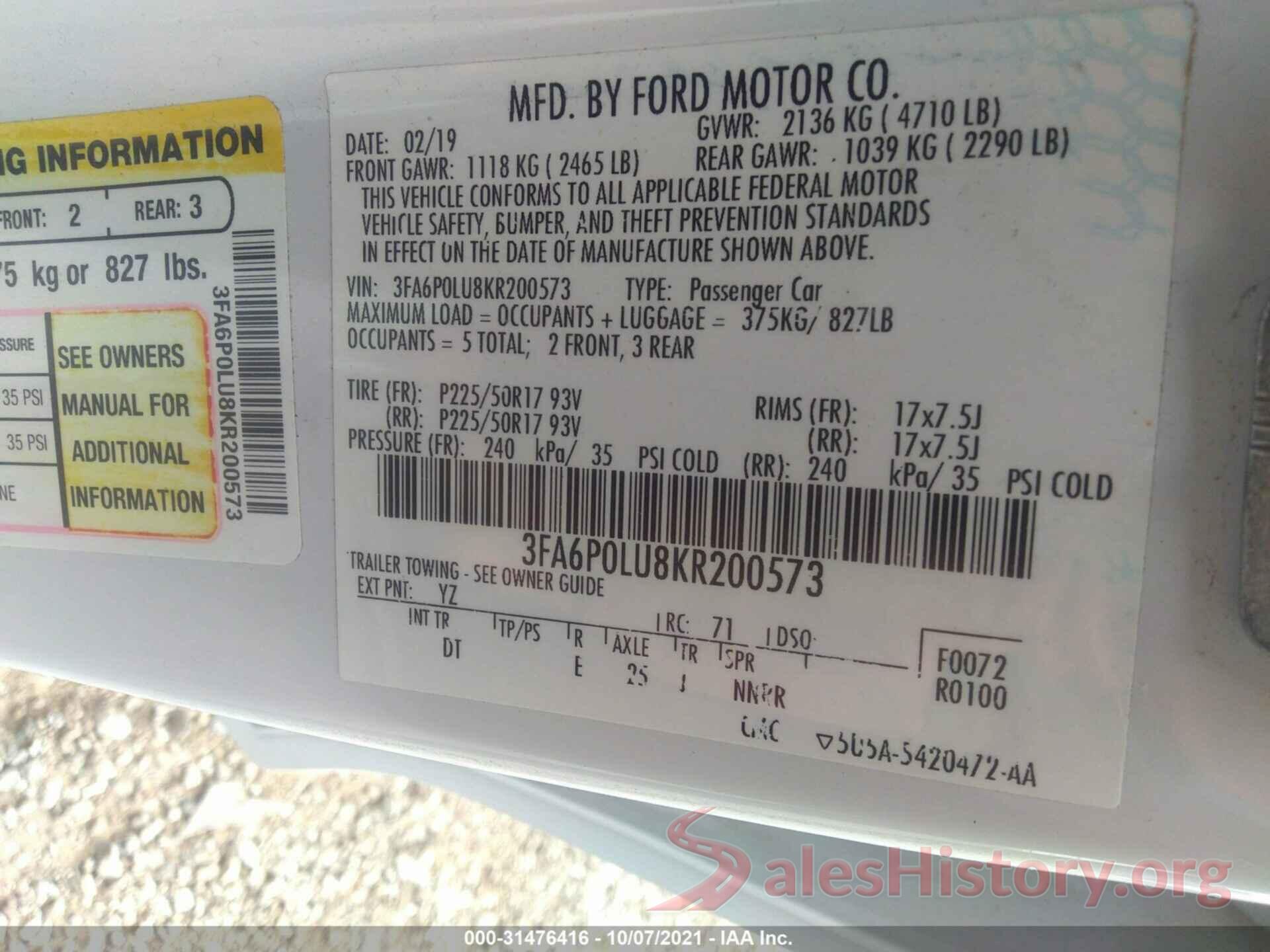 3FA6P0LU8KR200573 2019 FORD FUSION HYBRID