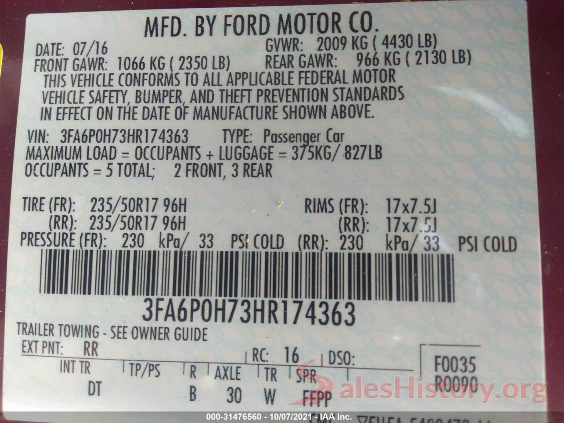 3FA6P0H73HR174363 2017 FORD FUSION