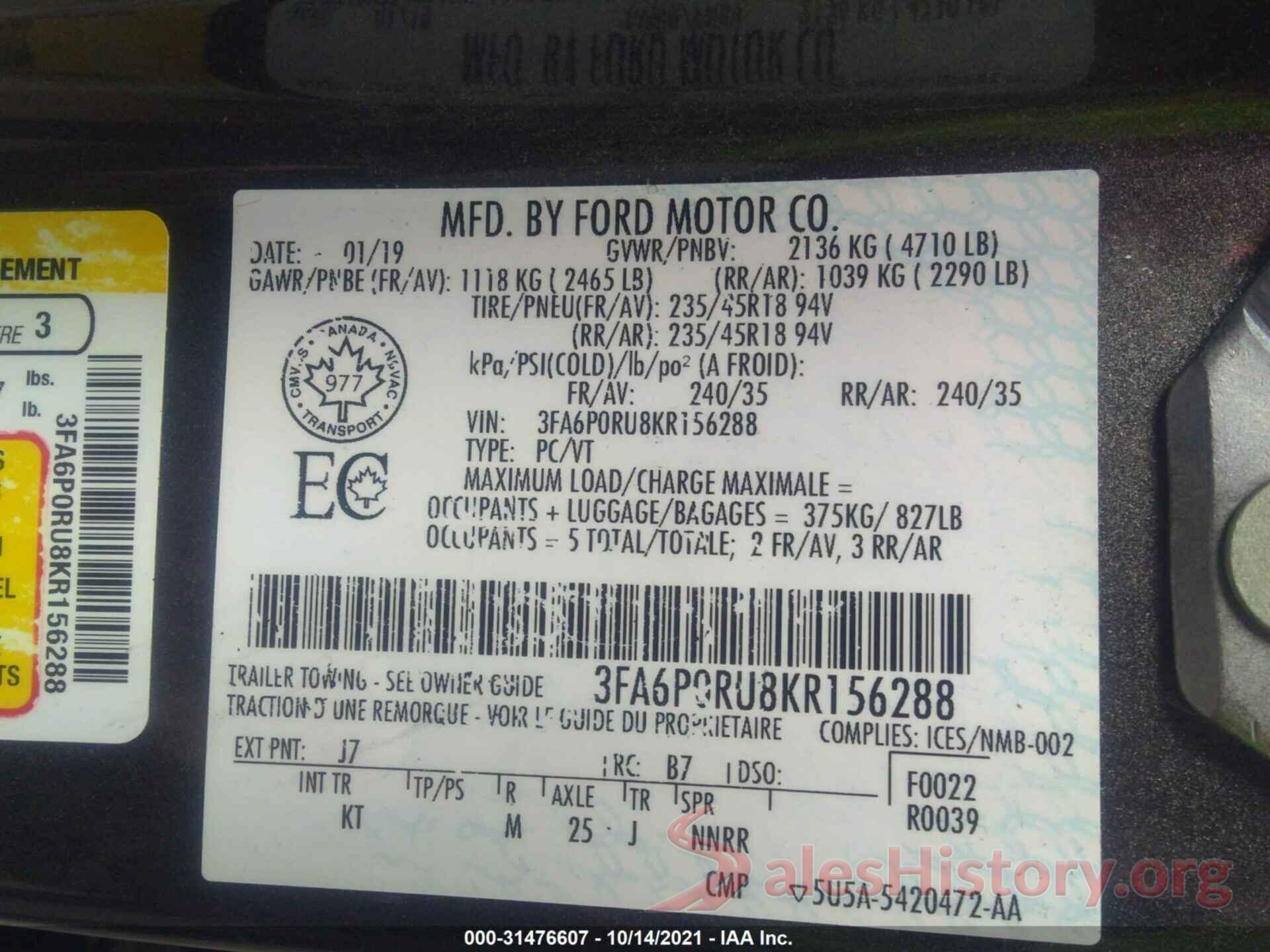 3FA6P0RU8KR156288 2019 FORD FUSION HYBRID