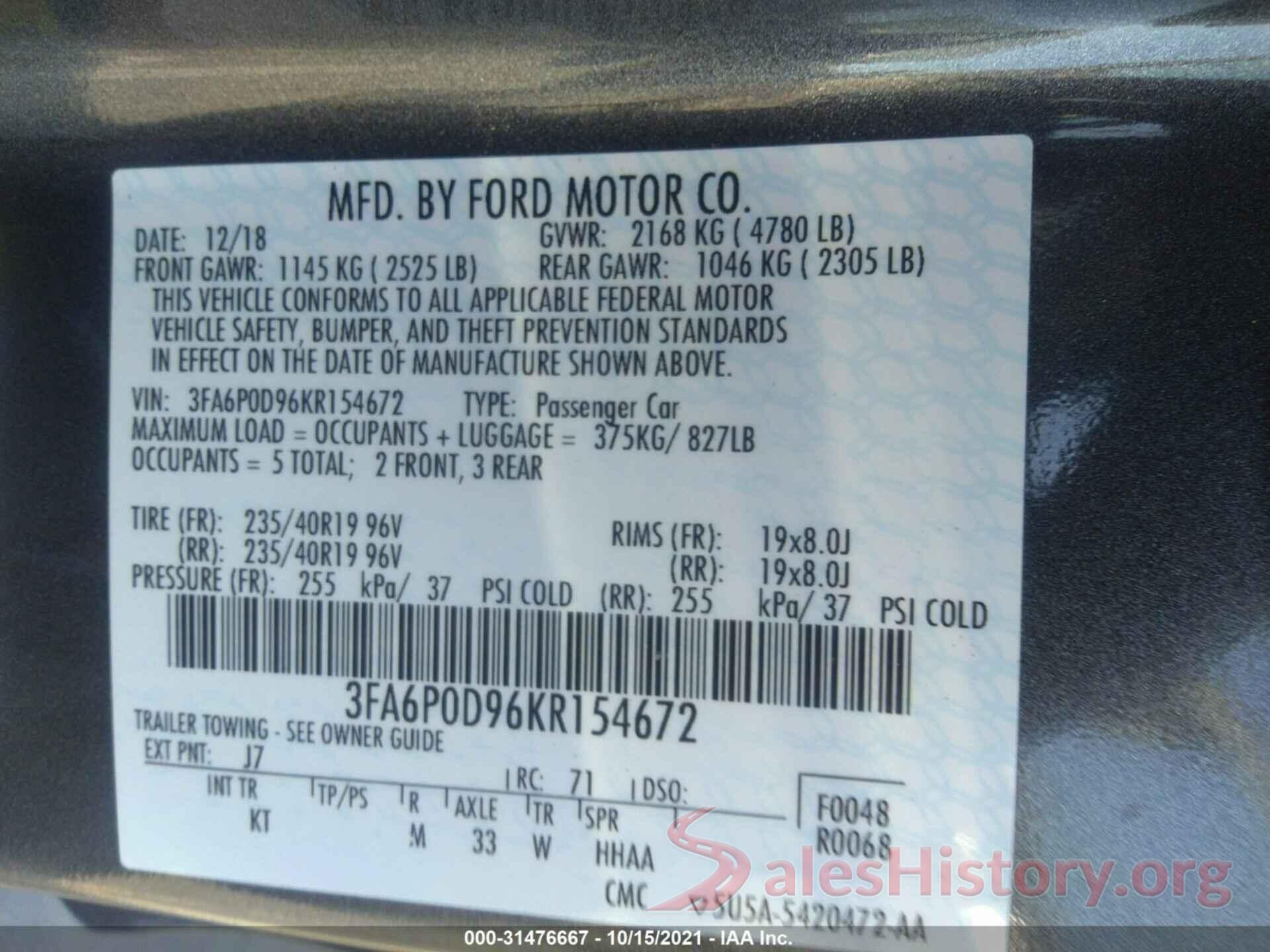 3FA6P0D96KR154672 2019 FORD FUSION