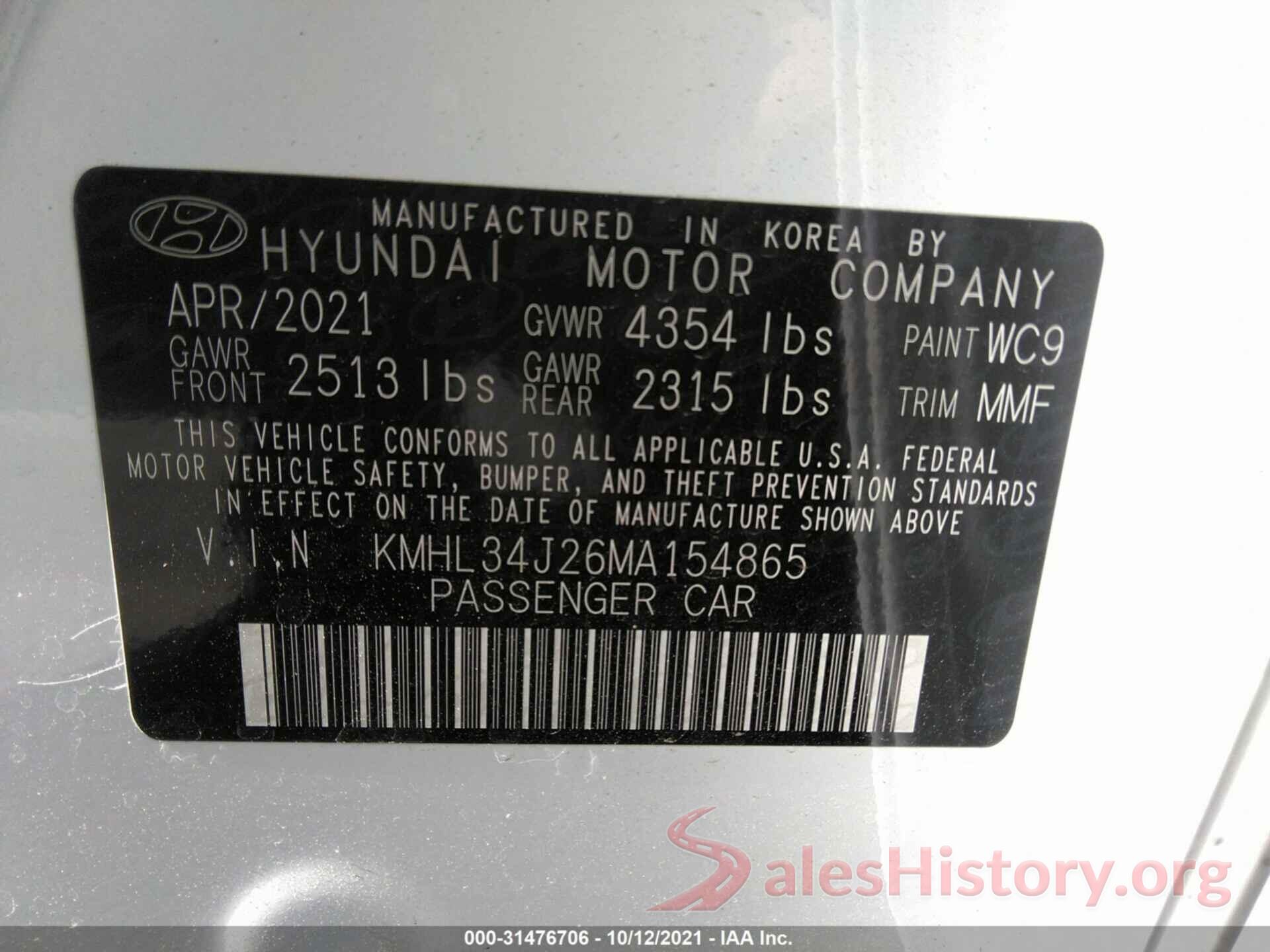 KMHL34J26MA154865 2021 HYUNDAI SONATA