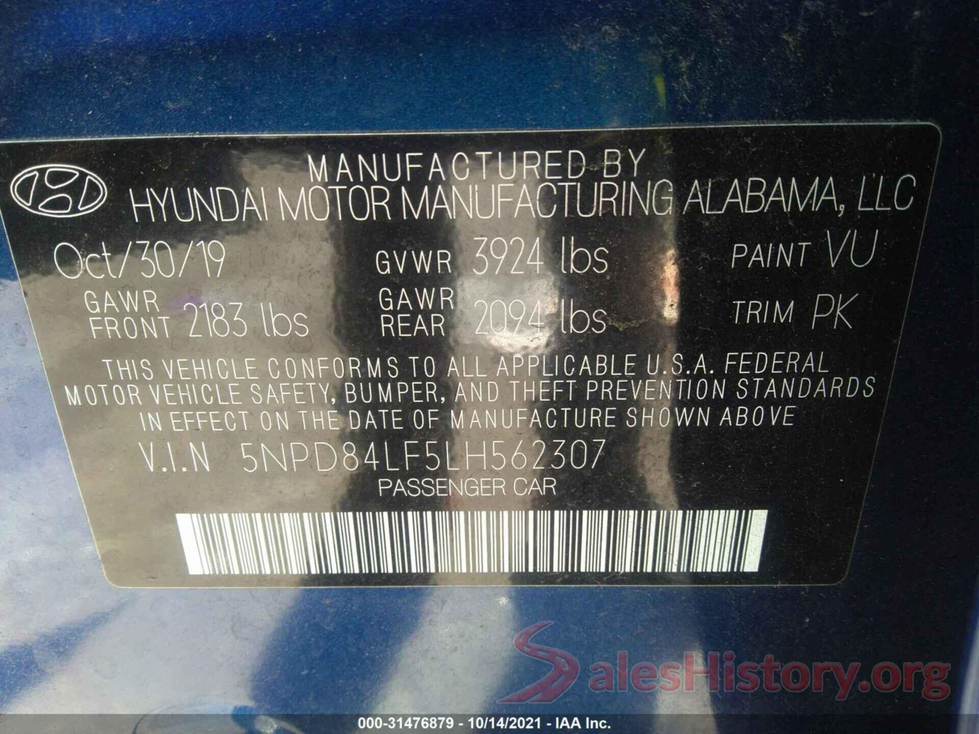 5NPD84LF5LH562307 2020 HYUNDAI ELANTRA