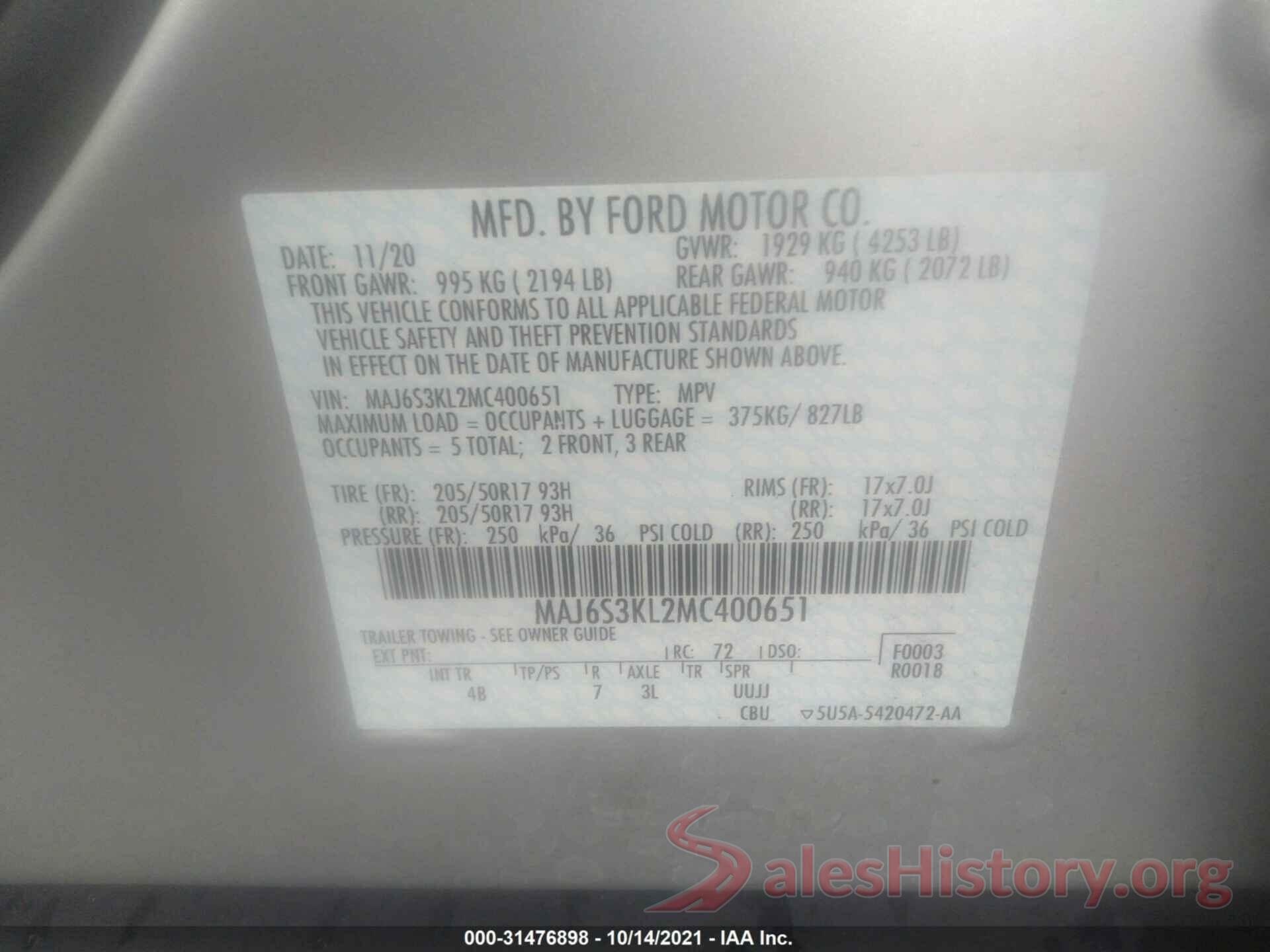 MAJ6S3KL2MC400651 2021 FORD ECOSPORT