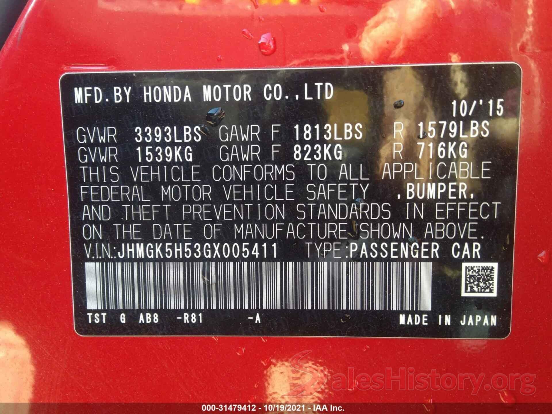 JHMGK5H53GX005411 2016 HONDA FIT