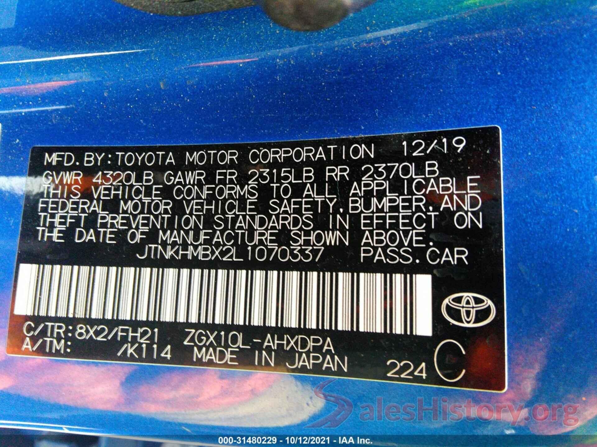 JTNKHMBX2L1070337 2020 TOYOTA C-HR