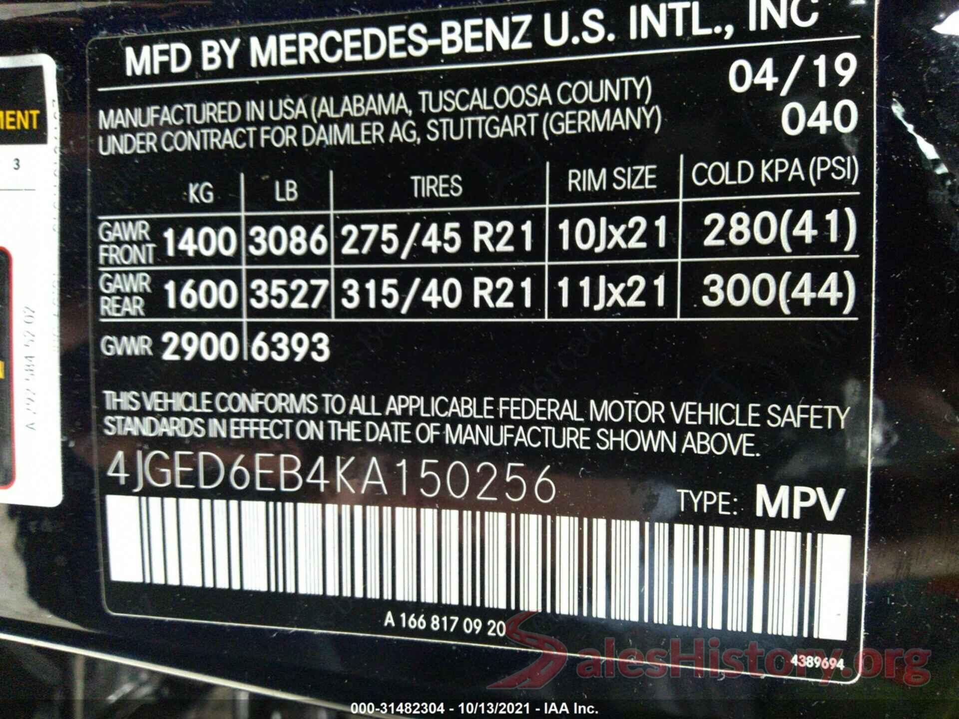 4JGED6EB4KA150256 2019 MERCEDES-BENZ GLE