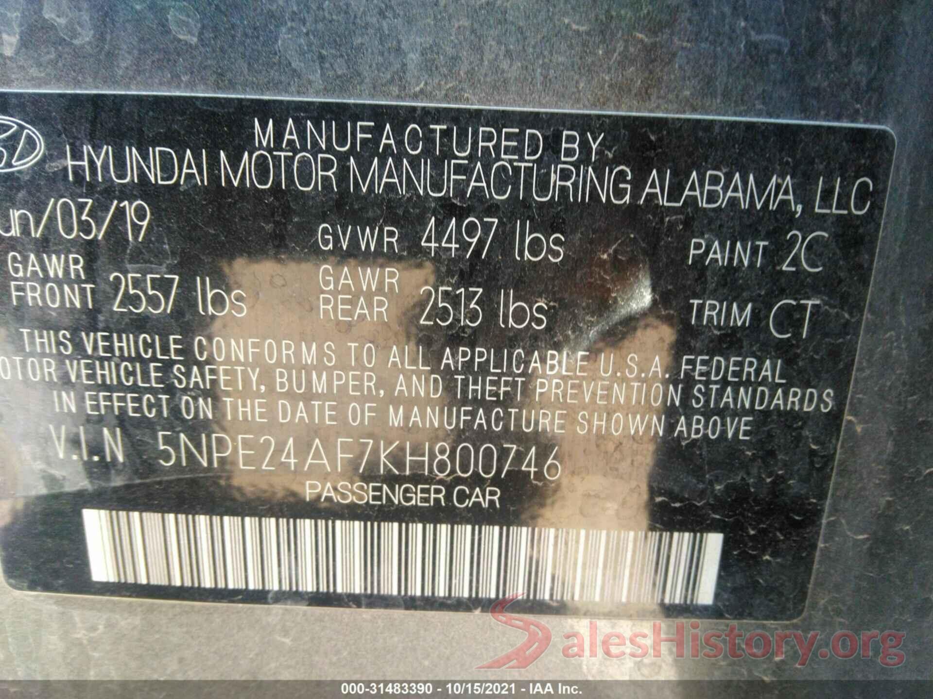 5NPE24AF7KH800746 2019 HYUNDAI SONATA