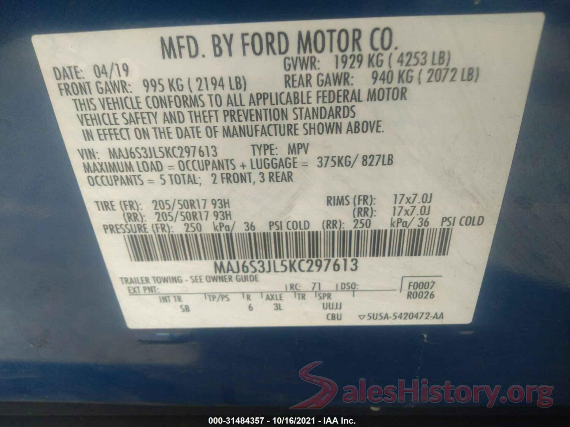 MAJ6S3JL5KC297613 2019 FORD ECOSPORT