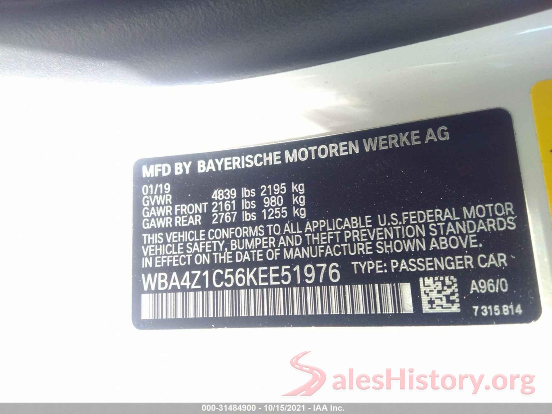 WBA4Z1C56KEE51976 2019 BMW 4 SERIES