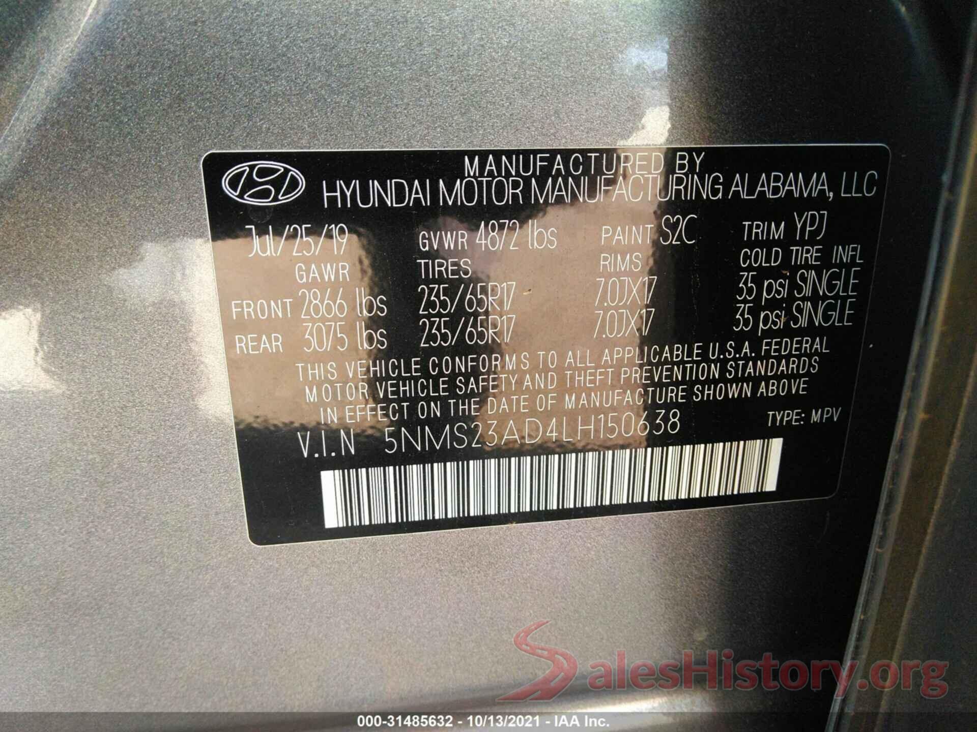 5NMS23AD4LH150638 2020 HYUNDAI SANTA FE