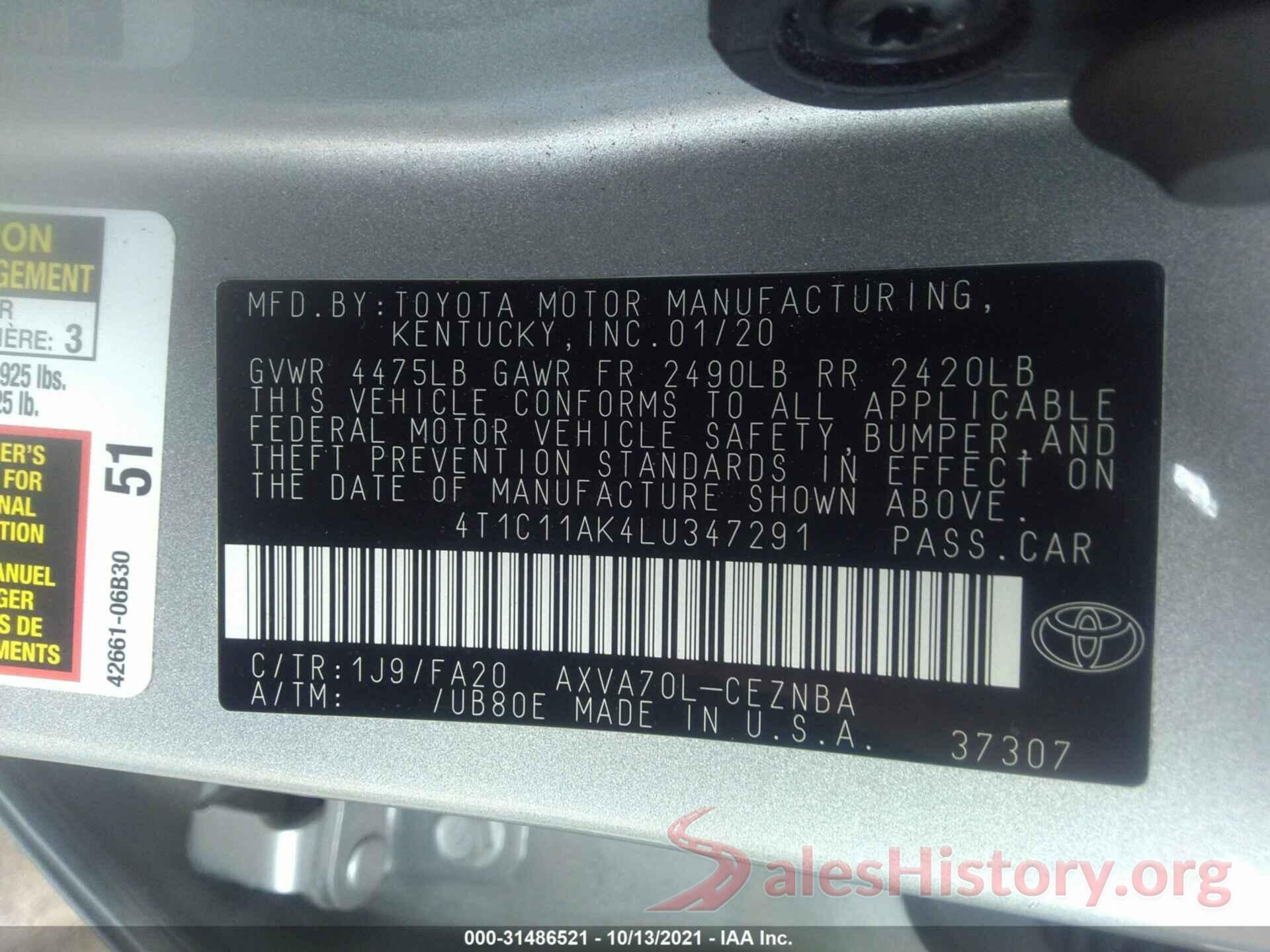 4T1C11AK4LU347291 2020 TOYOTA CAMRY