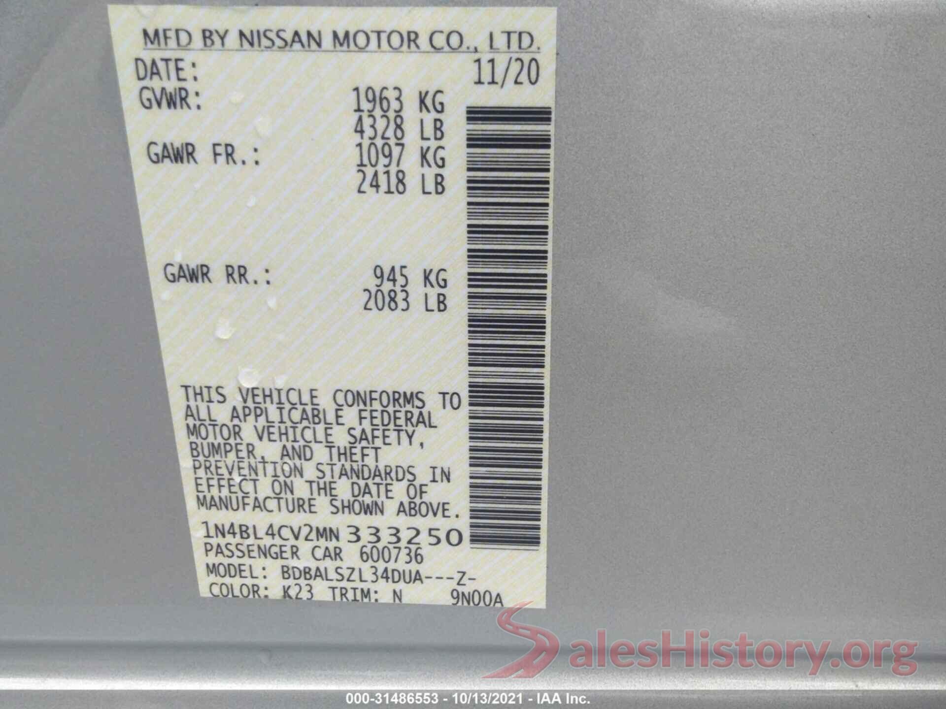 1N4BL4CV2MN333250 2021 NISSAN ALTIMA