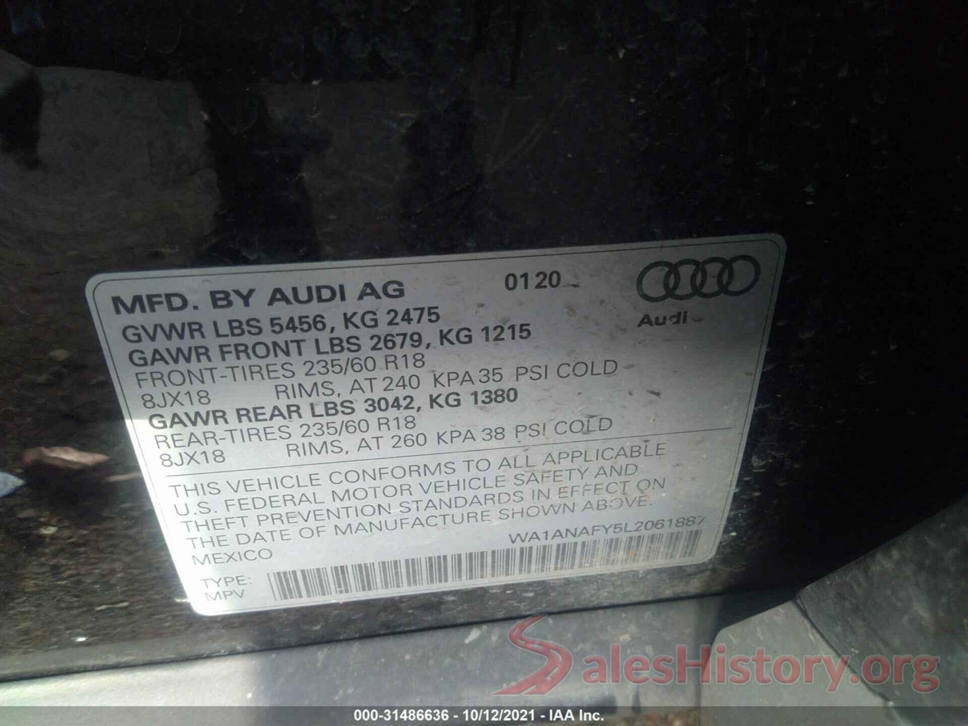 WA1ANAFY5L2061887 2020 AUDI Q5