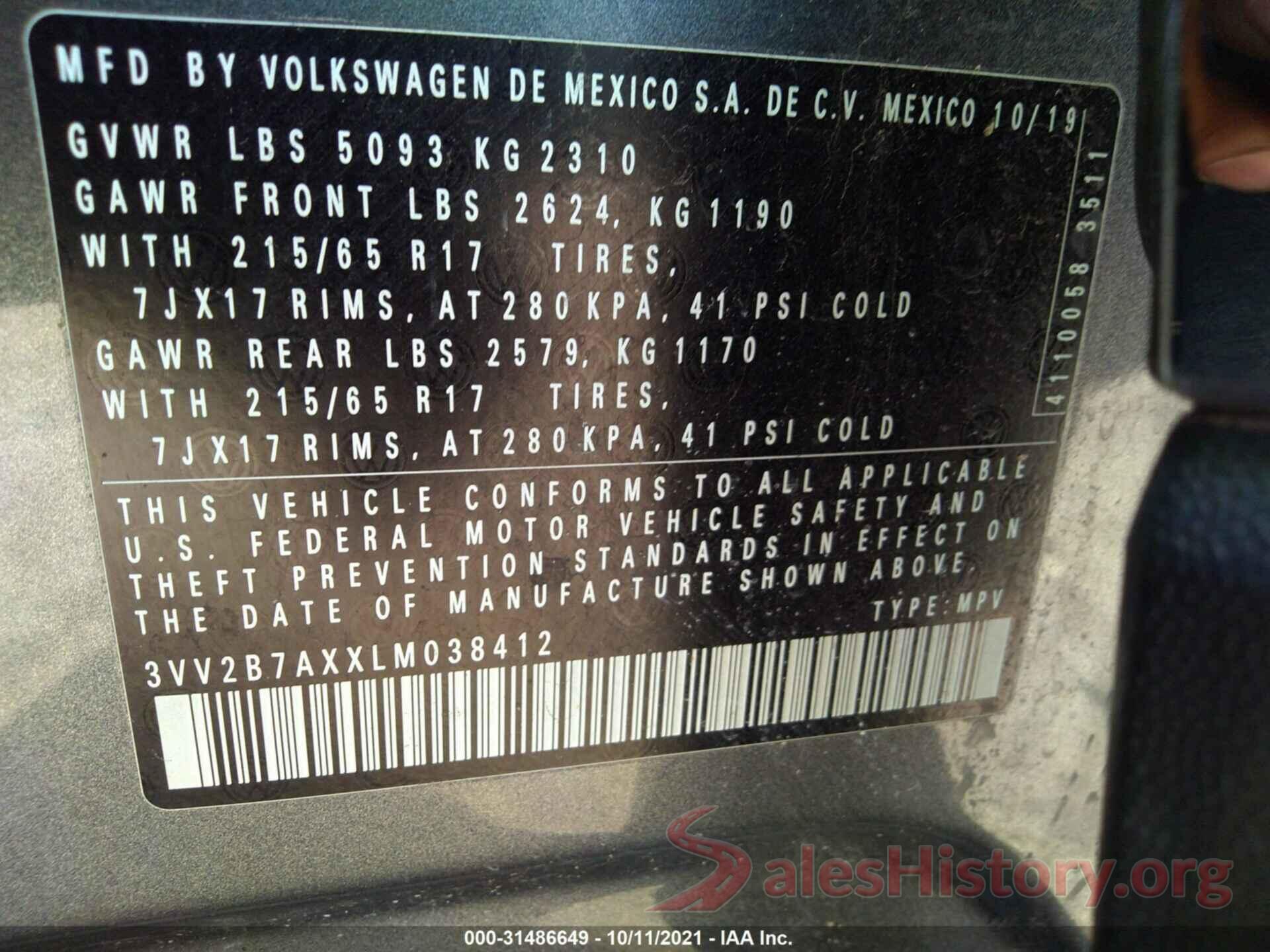 3VV2B7AXXLM038412 2020 VOLKSWAGEN TIGUAN