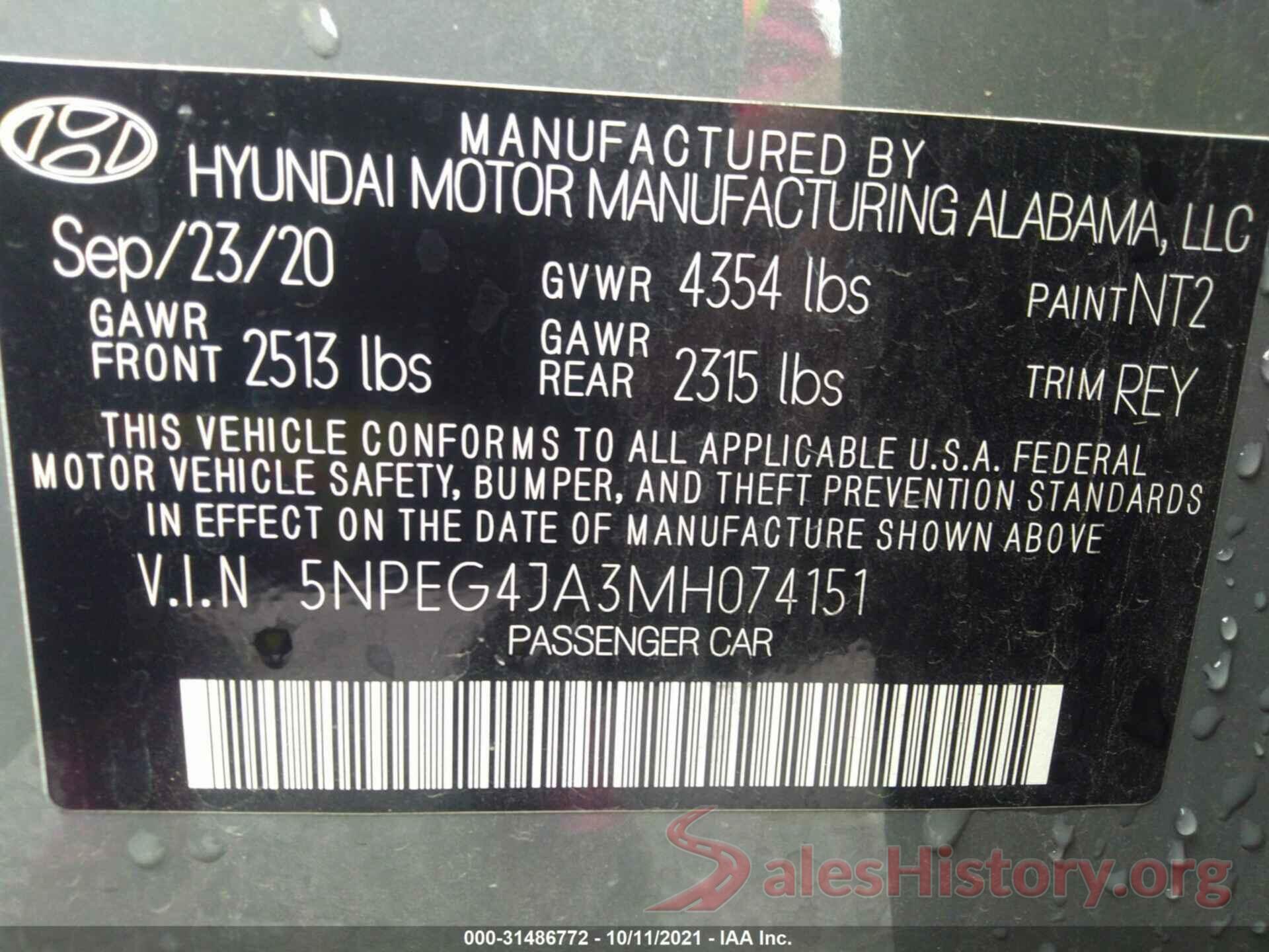 5NPEG4JA3MH074151 2021 HYUNDAI SONATA