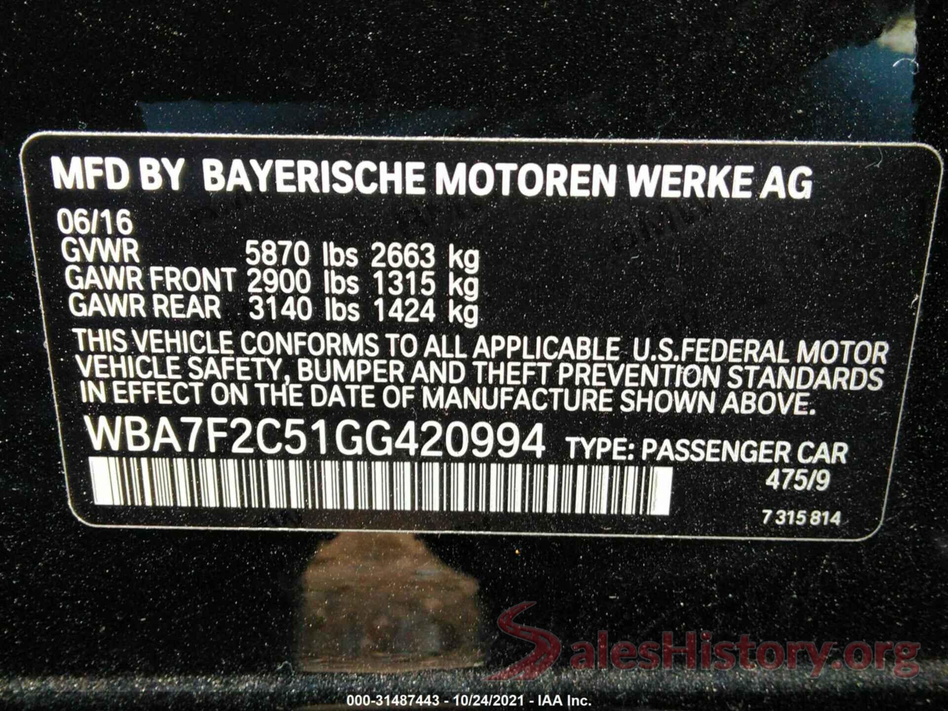 WBA7F2C51GG420994 2016 BMW 7 SERIES