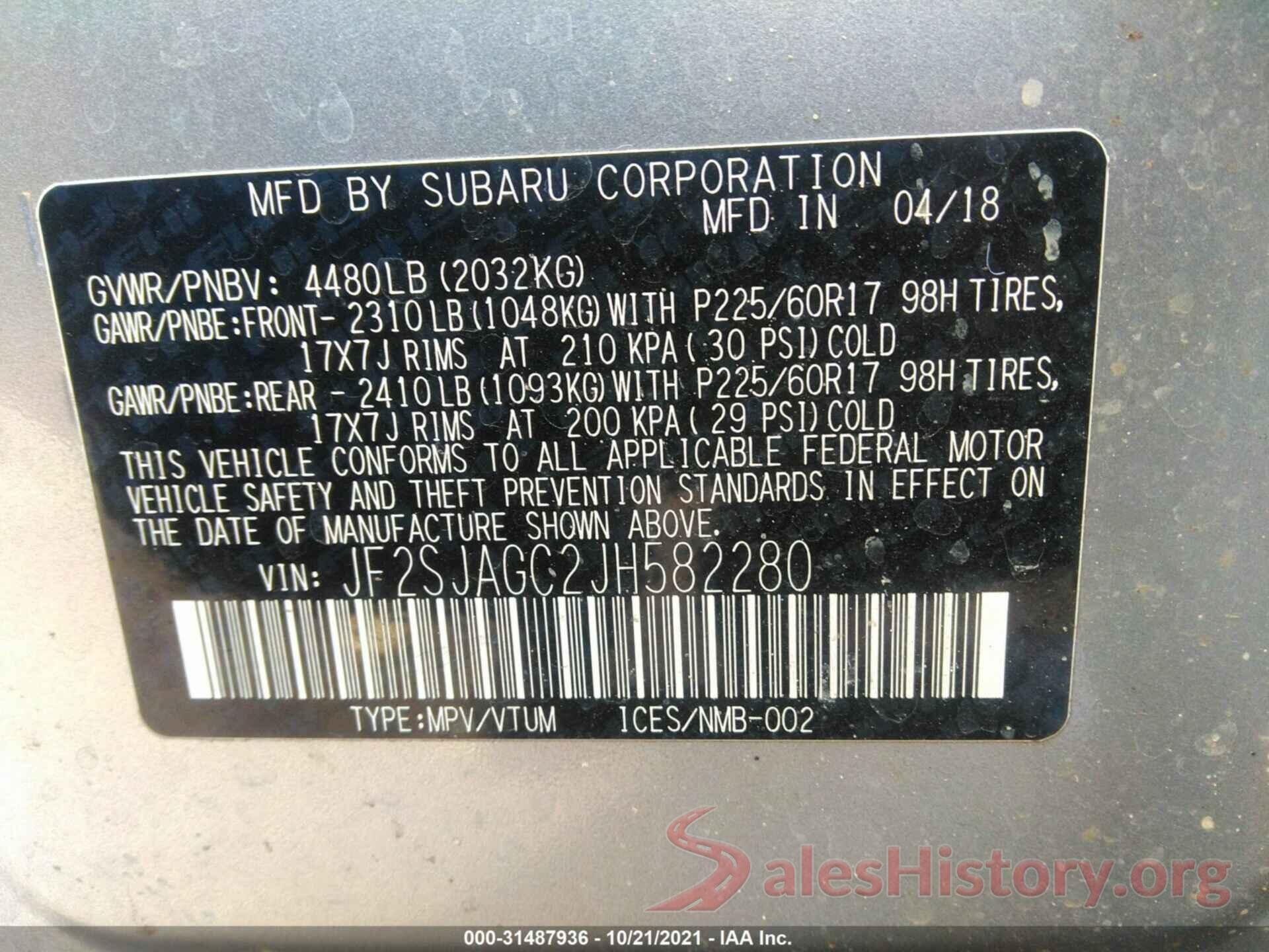 JF2SJAGC2JH582280 2018 SUBARU FORESTER