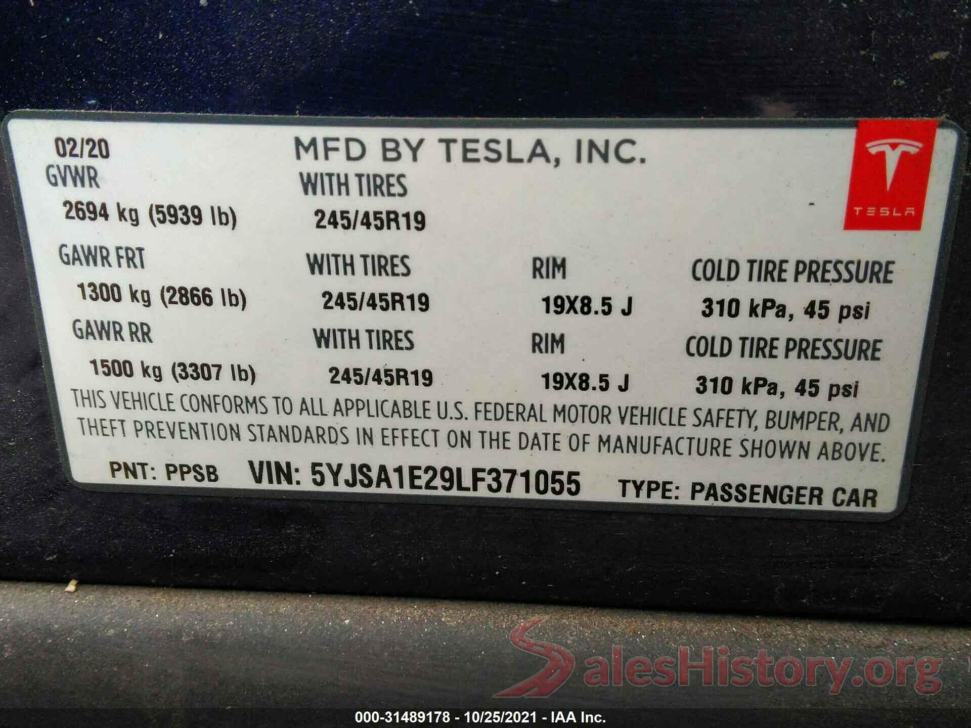 5YJSA1E29LF371055 2020 TESLA MODEL S