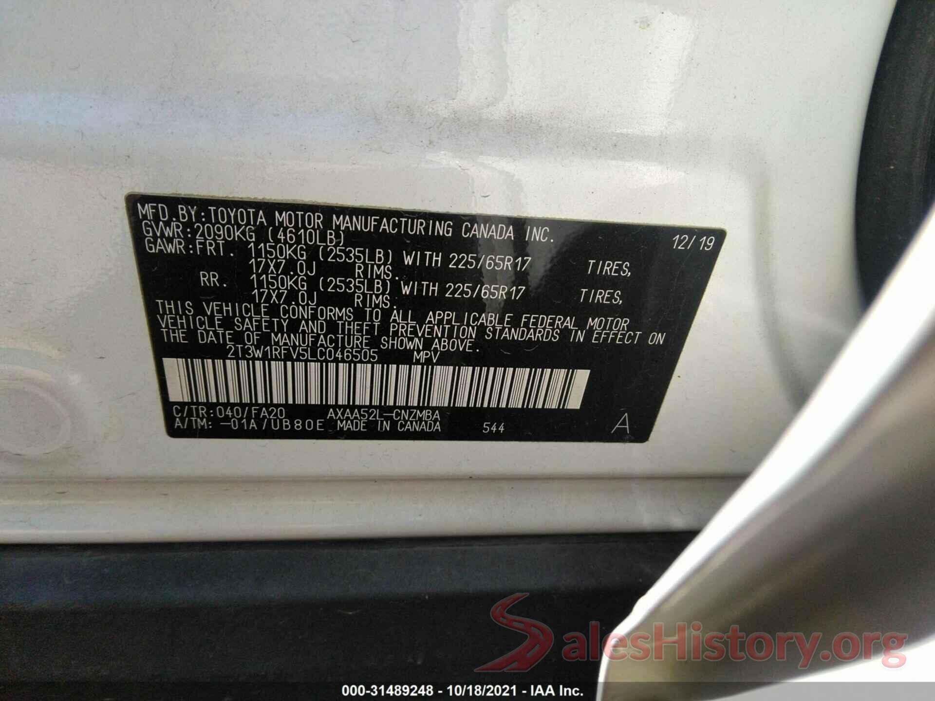 2T3W1RFV5LC046505 2020 TOYOTA RAV4