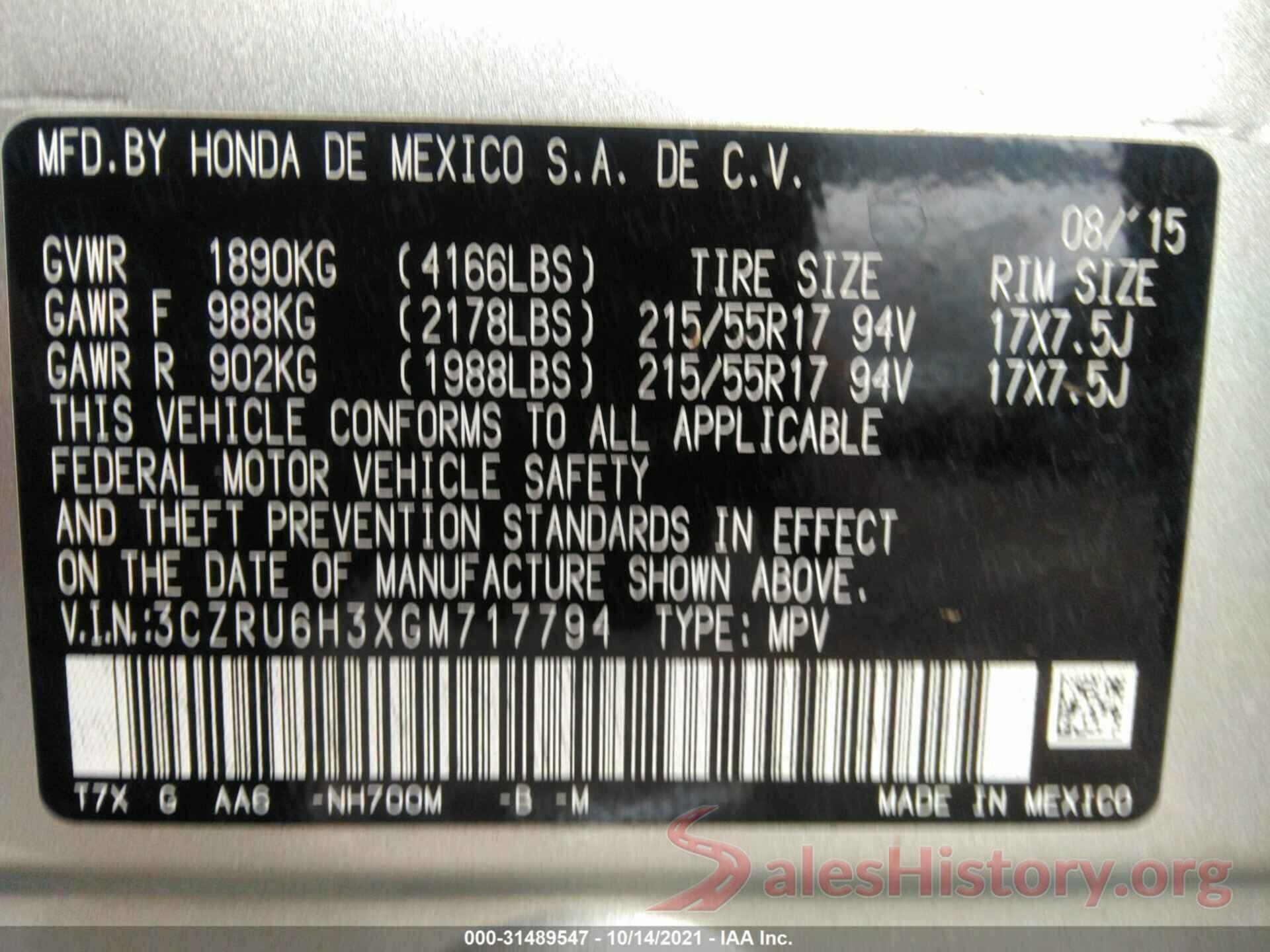 3CZRU6H3XGM717794 2016 HONDA HR-V