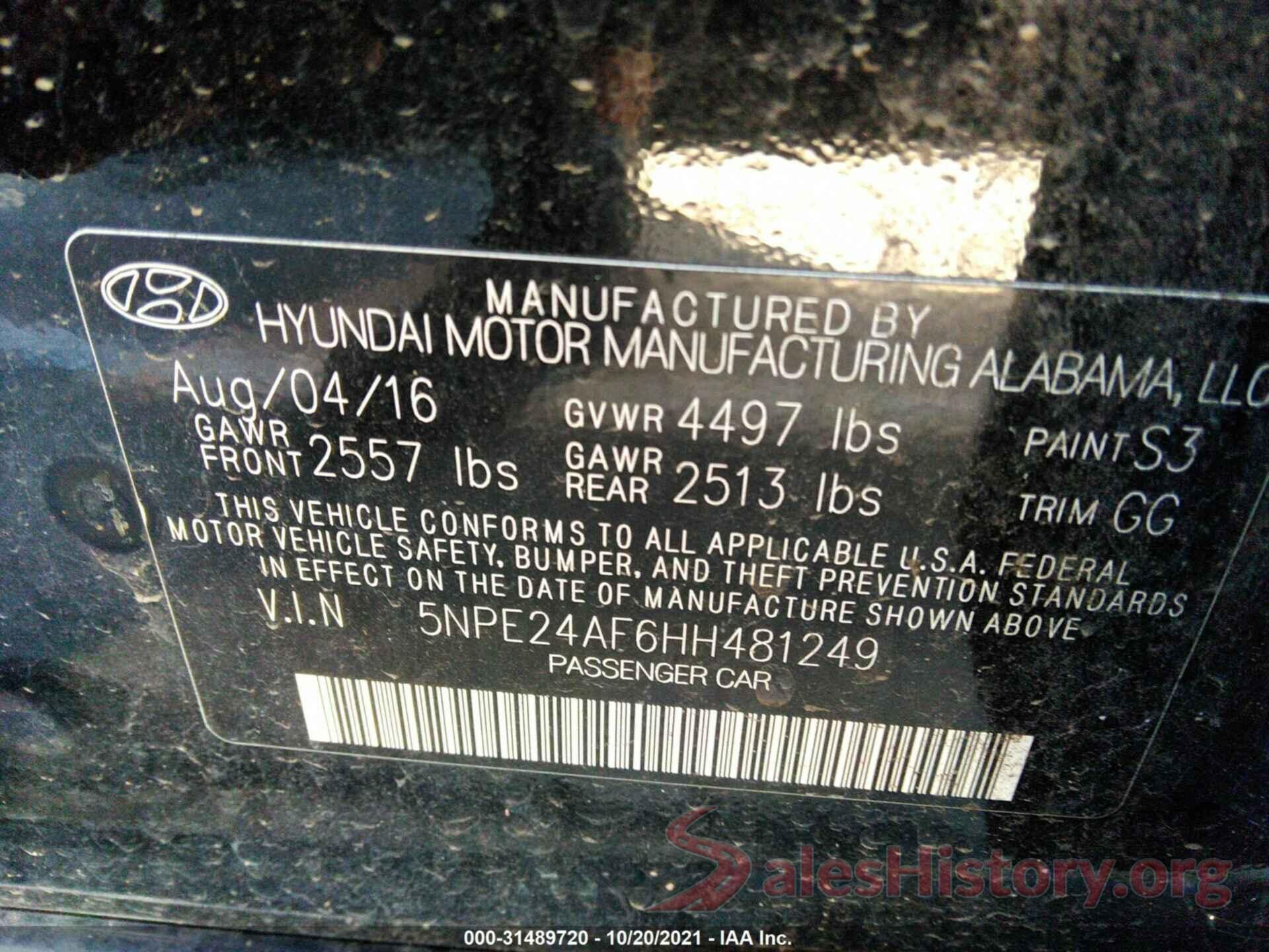 5NPE24AF6HH481249 2017 HYUNDAI SONATA