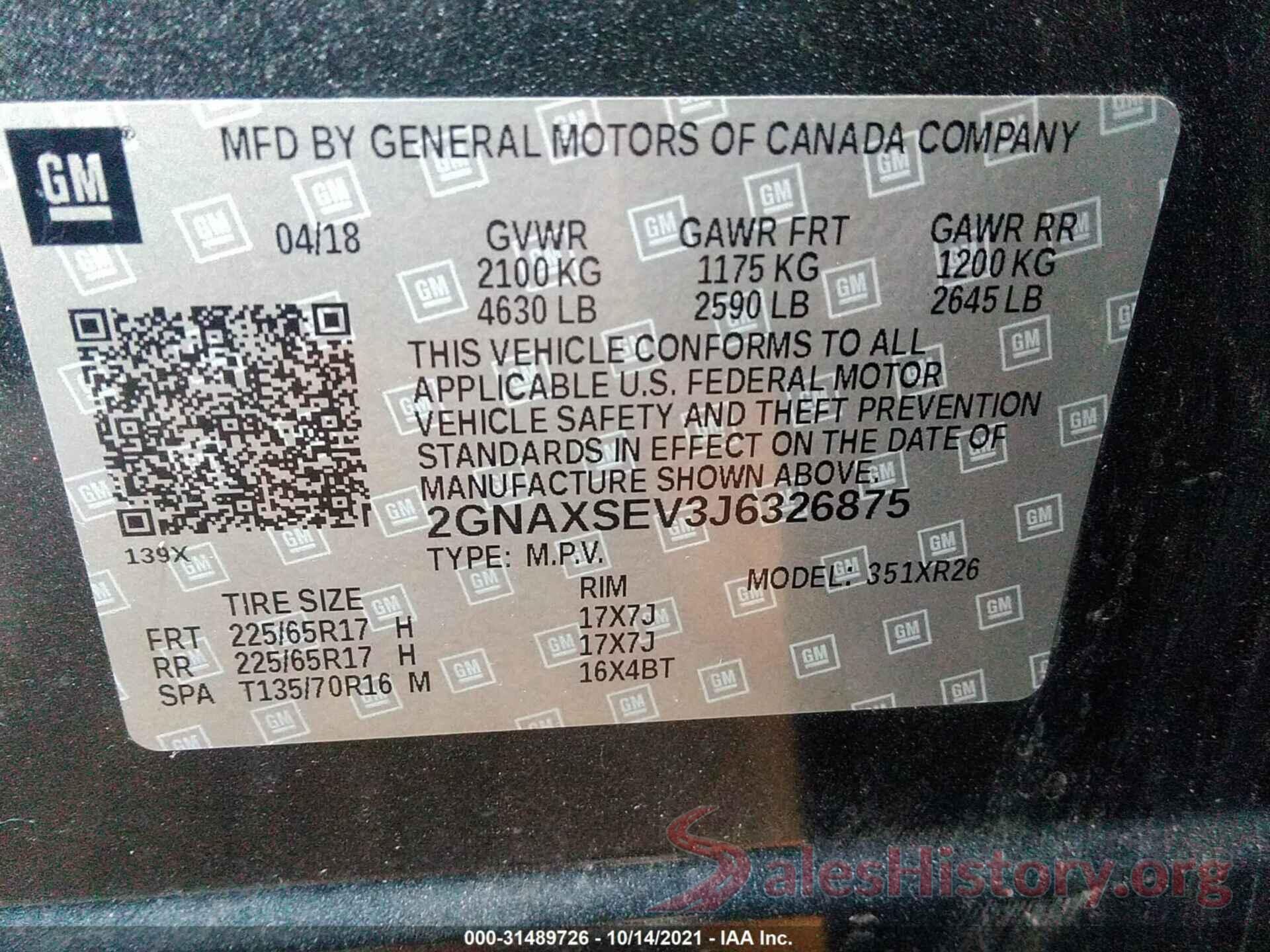 2GNAXSEV3J6326875 2018 CHEVROLET EQUINOX