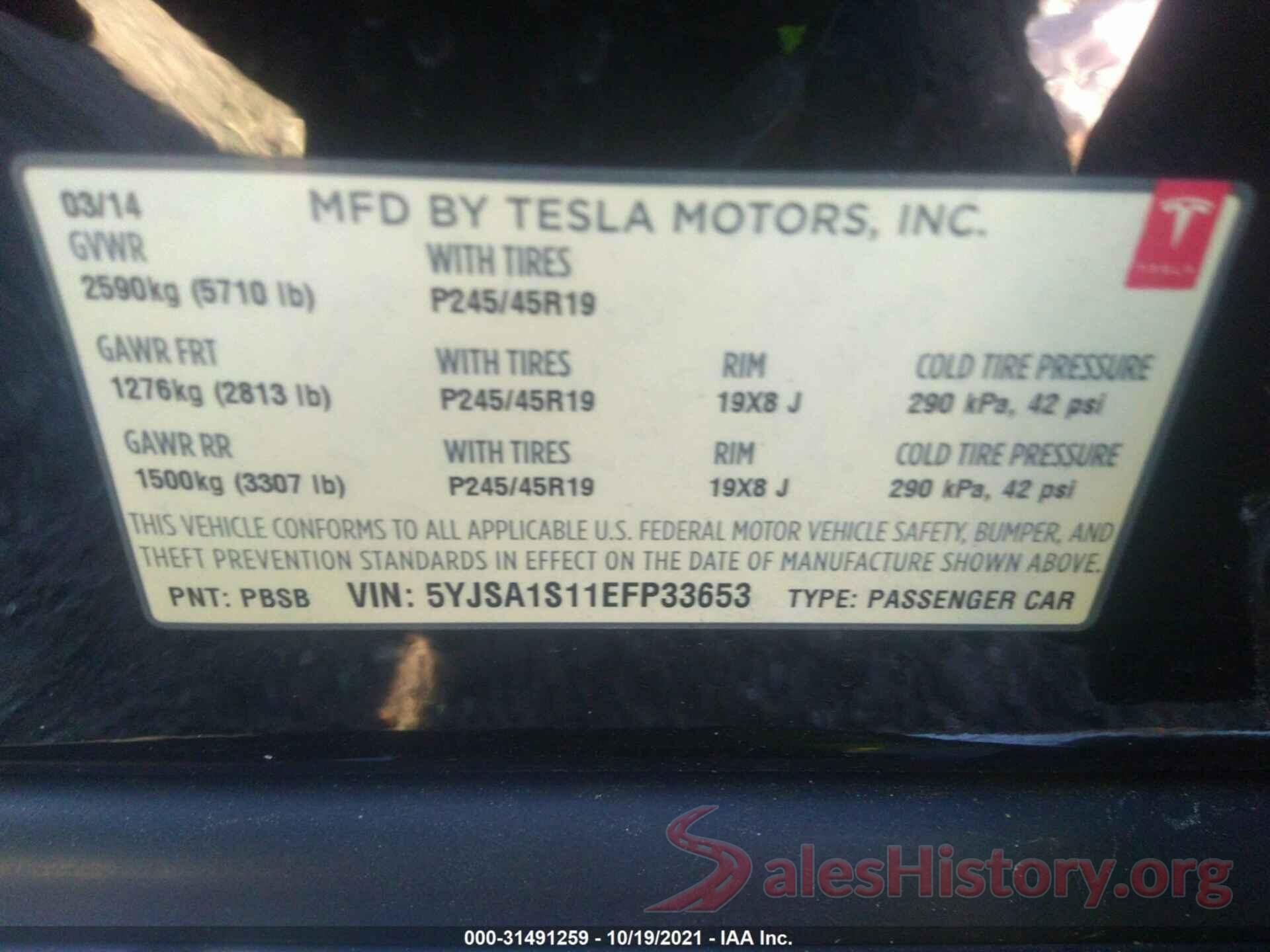 5YJSA1S11EFP33653 2014 TESLA MODEL S