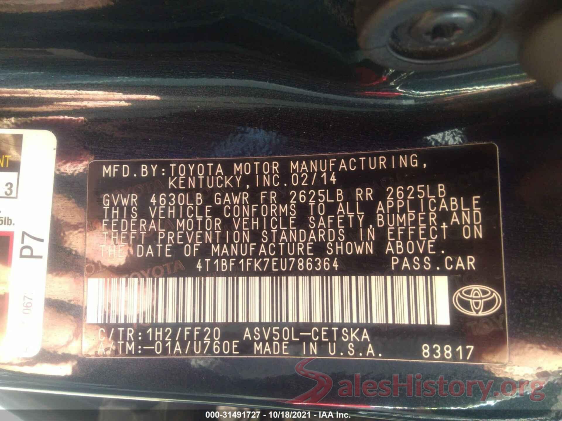 4T1BF1FK7EU786364 2014 TOYOTA CAMRY