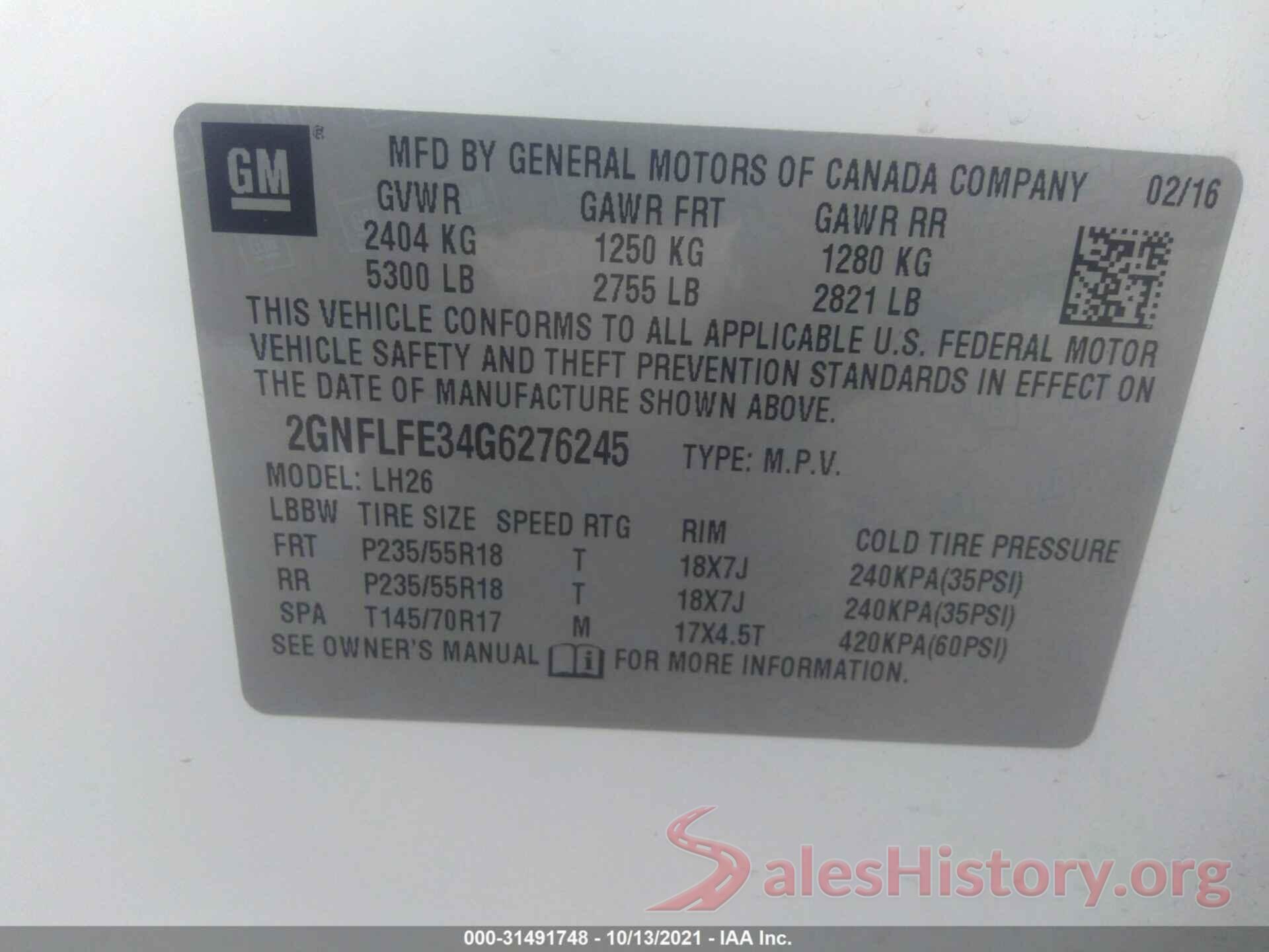 2GNFLFE34G6276245 2016 CHEVROLET EQUINOX