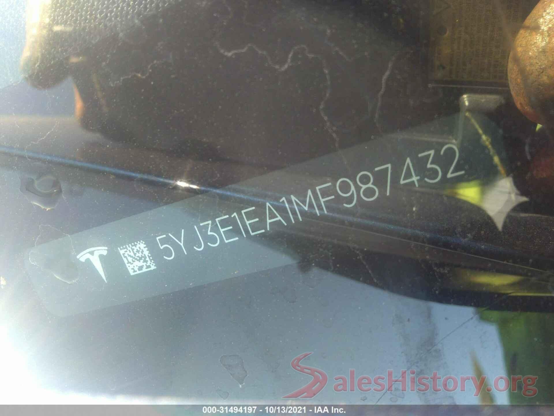 5YJ3E1EA1MF987432 2021 TESLA MODEL 3