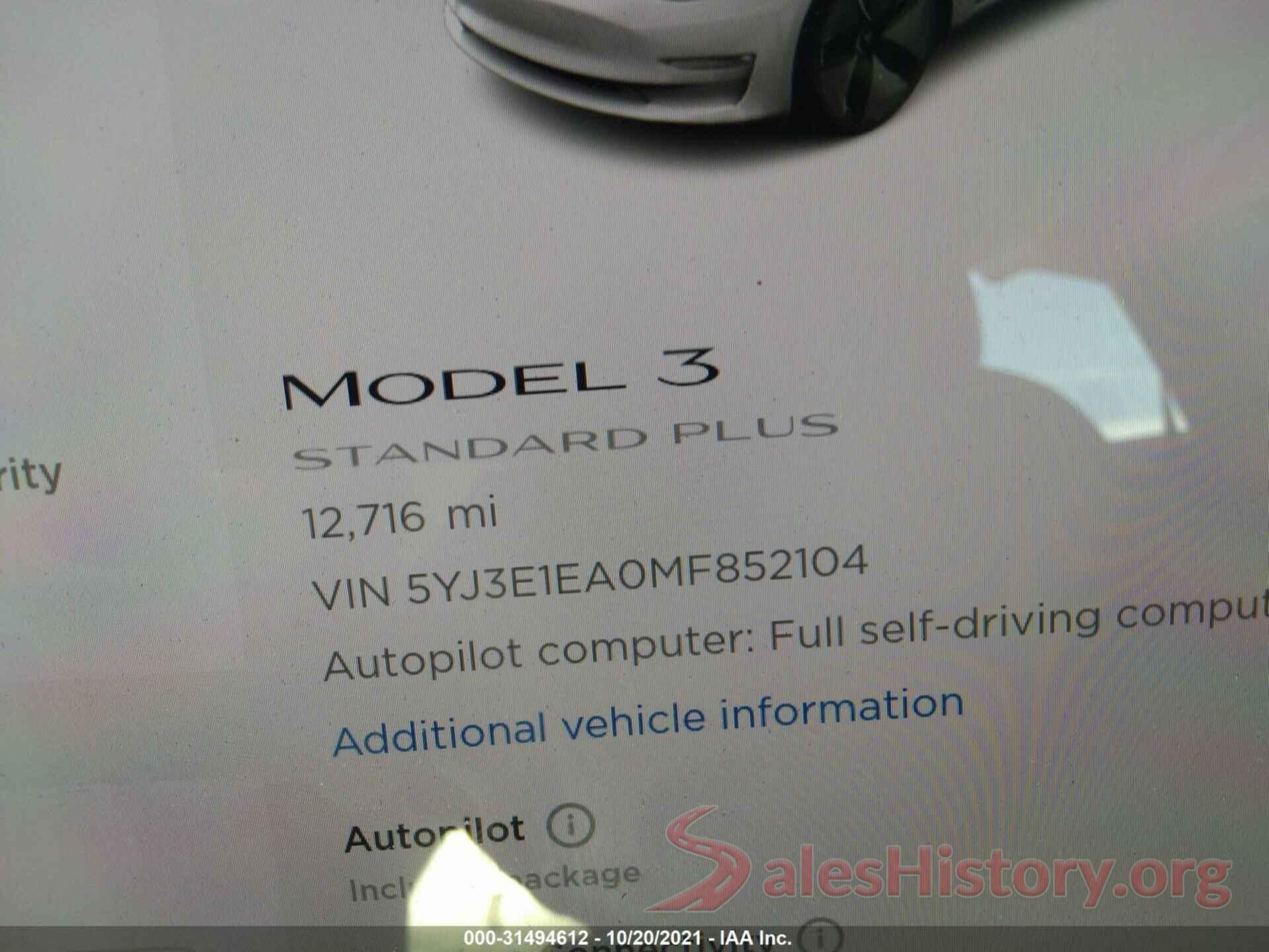 5YJ3E1EA0MF852104 2021 TESLA MODEL 3