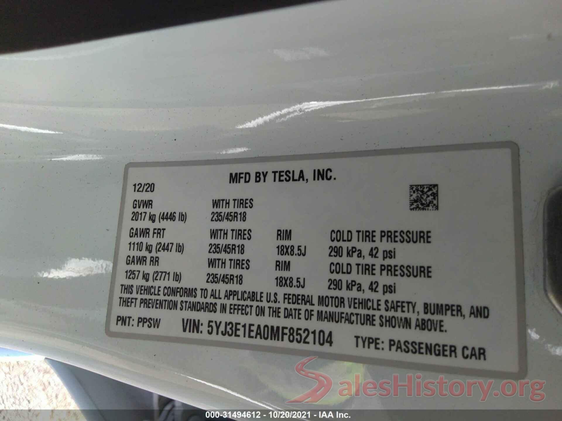 5YJ3E1EA0MF852104 2021 TESLA MODEL 3