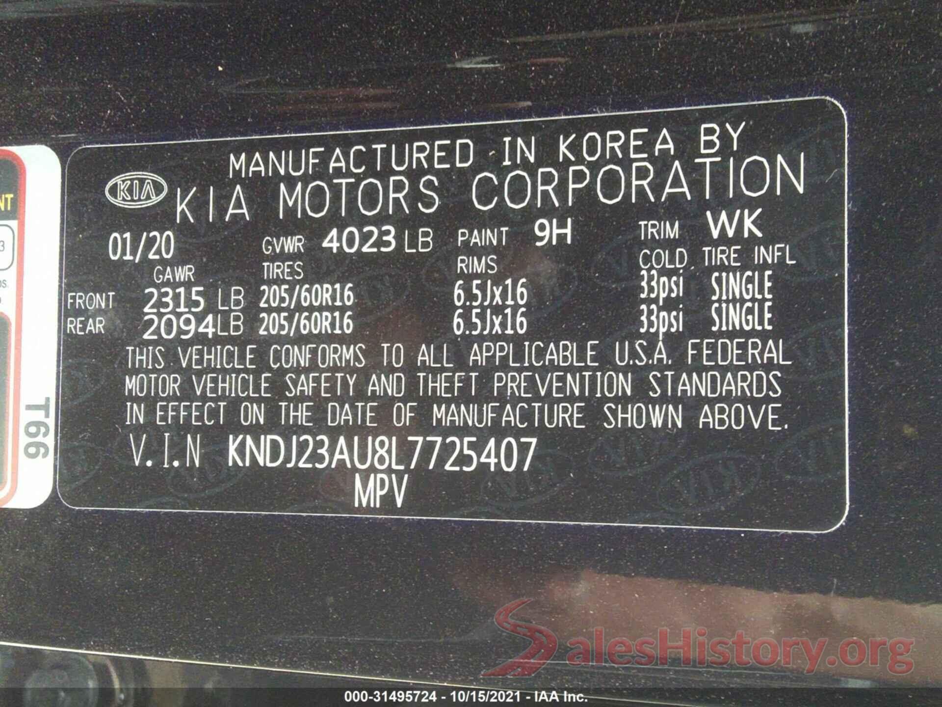 KNDJ23AU8L7725407 2020 KIA SOUL