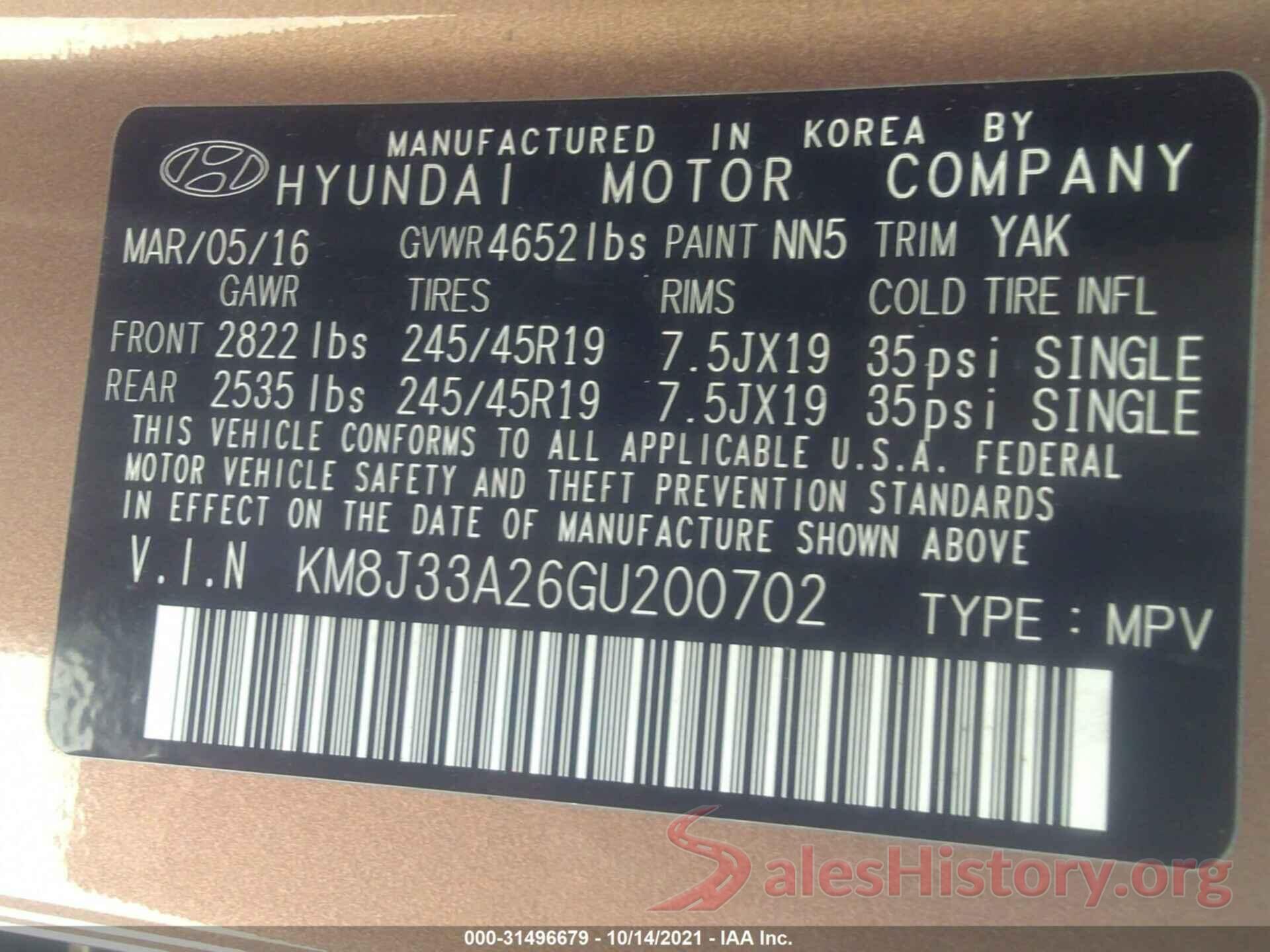 KM8J33A26GU200702 2016 HYUNDAI TUCSON