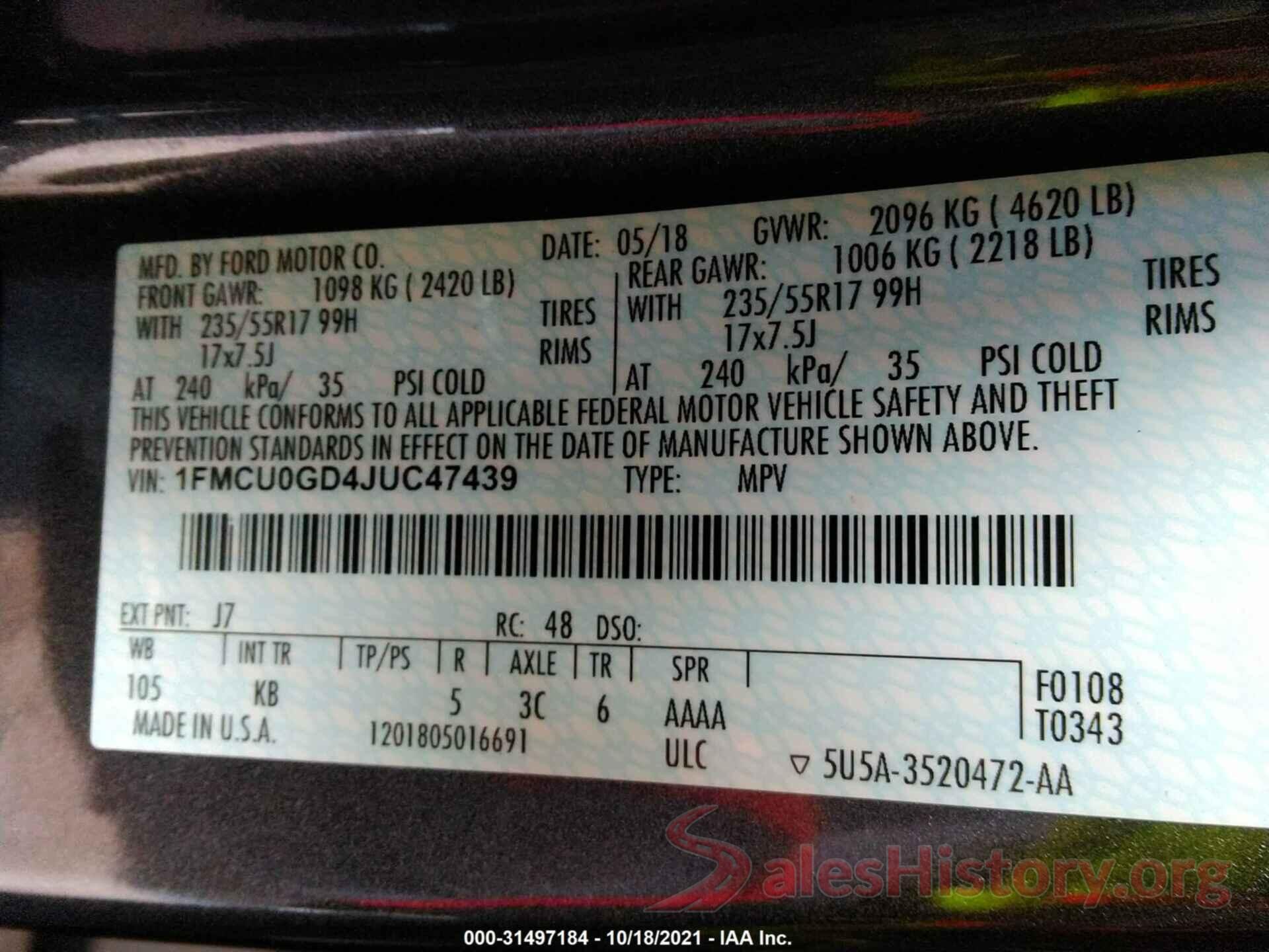 1FMCU0GD4JUC47439 2018 FORD ESCAPE