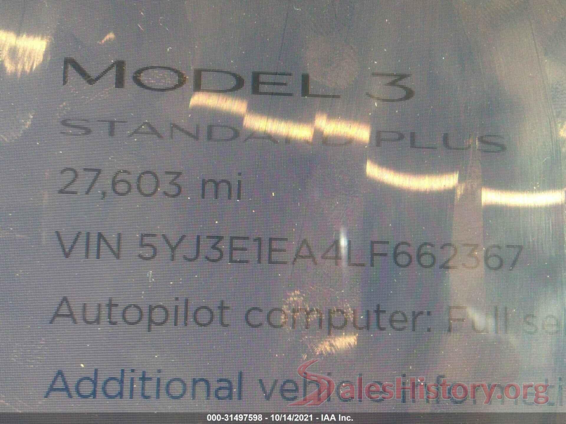 5YJ3E1EA4LF662367 2020 TESLA MODEL 3