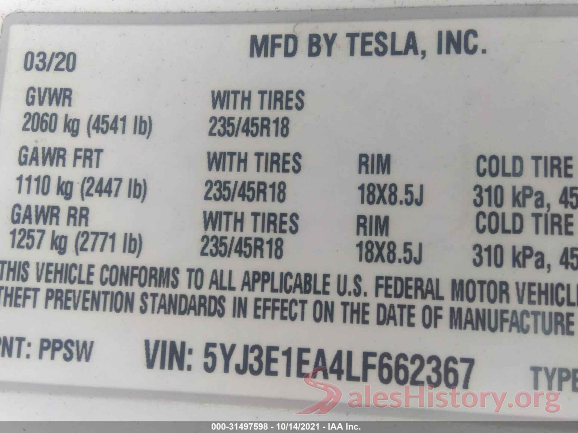 5YJ3E1EA4LF662367 2020 TESLA MODEL 3